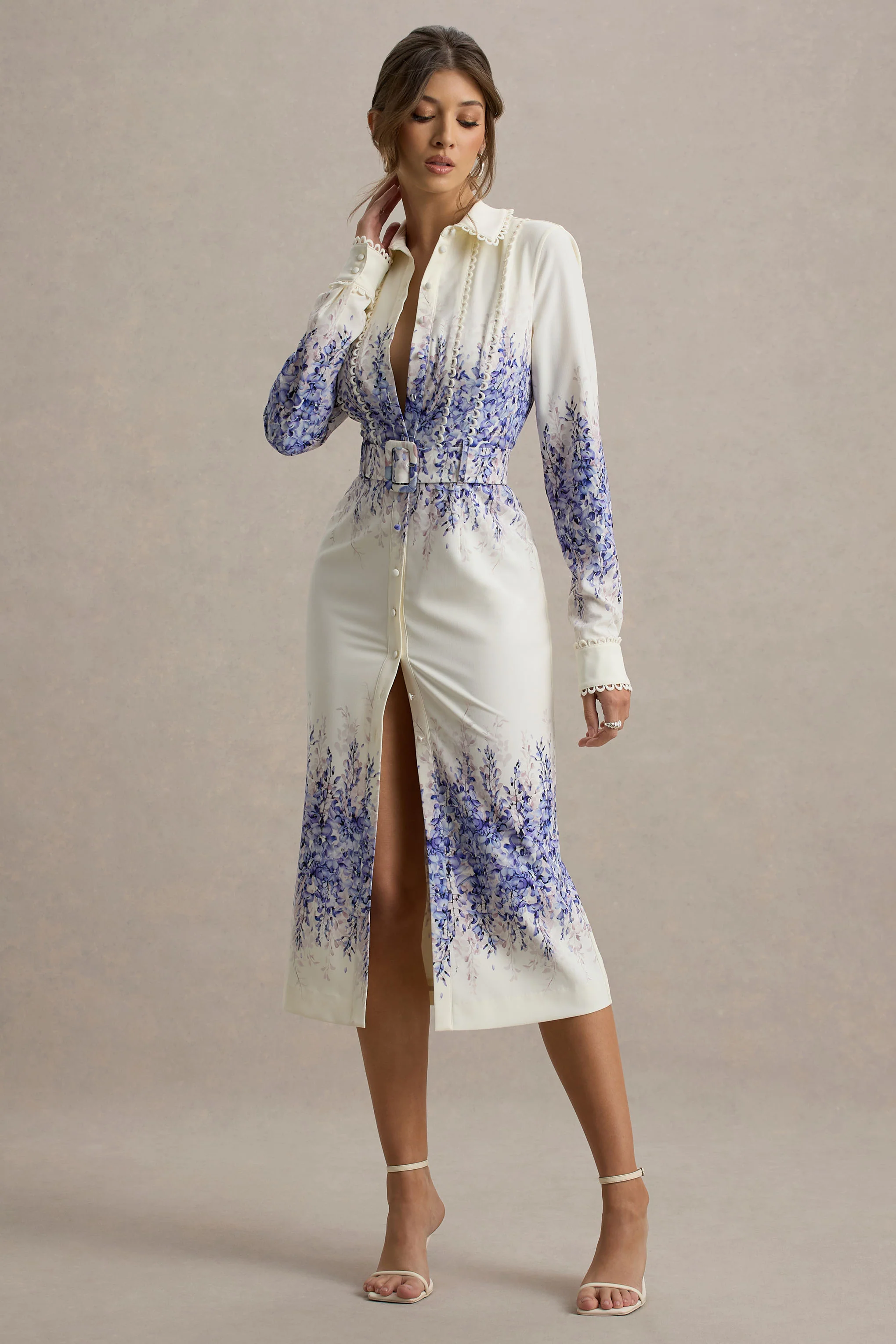 Zephy | Wisteria Print Belted Shirt Midi Dress