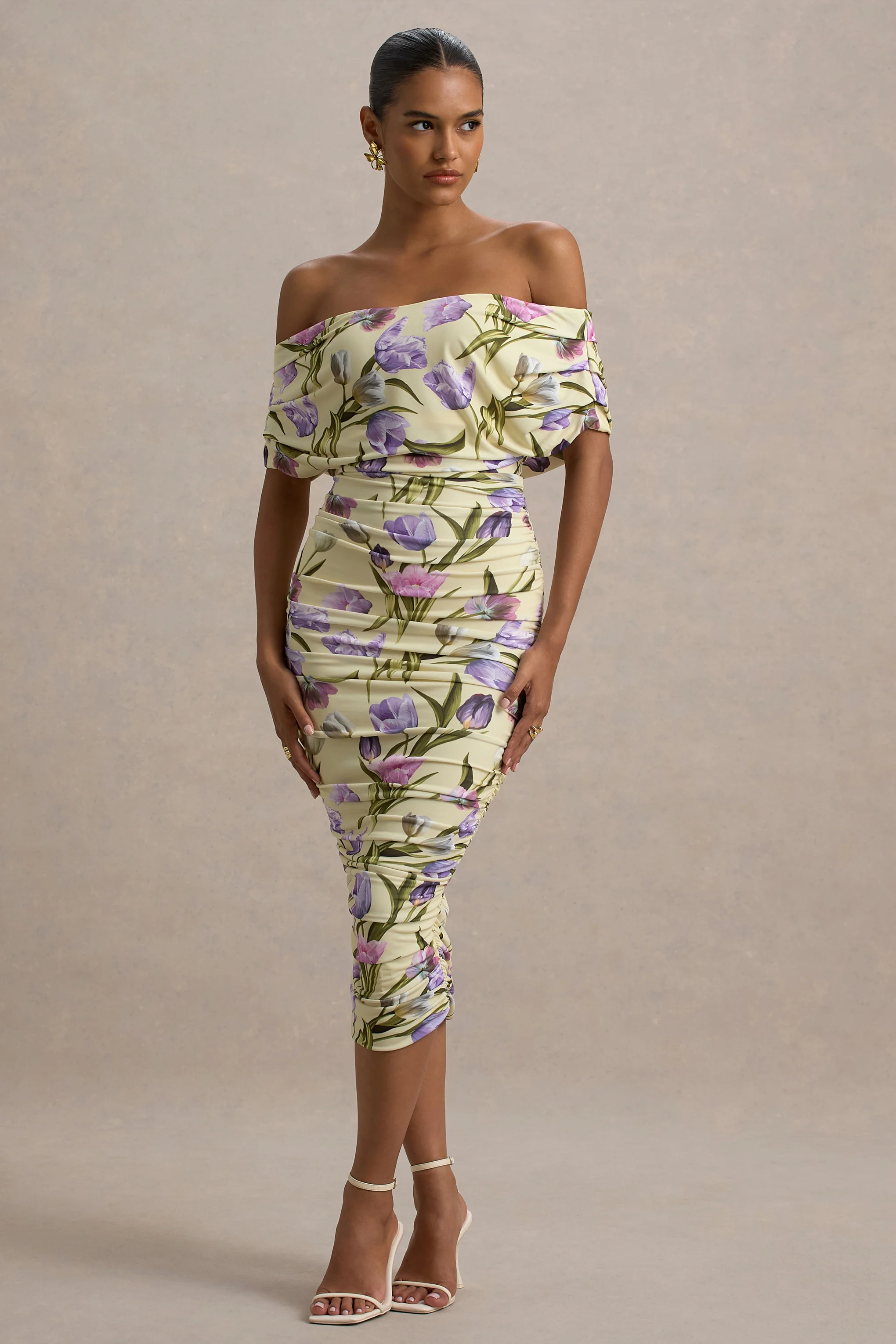 Rayleigh | Tulip Floral Print  Bardot Ruched Midi Dress