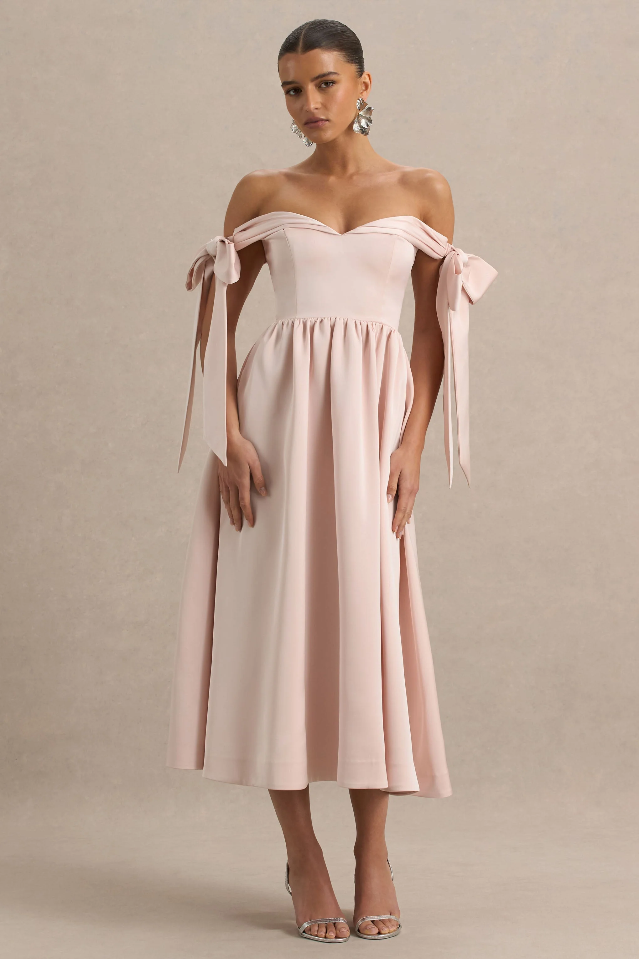 Agafay | Rose Pink Satin Short-Sleeve Bardot Wrap Midi Dress With Bow Detail