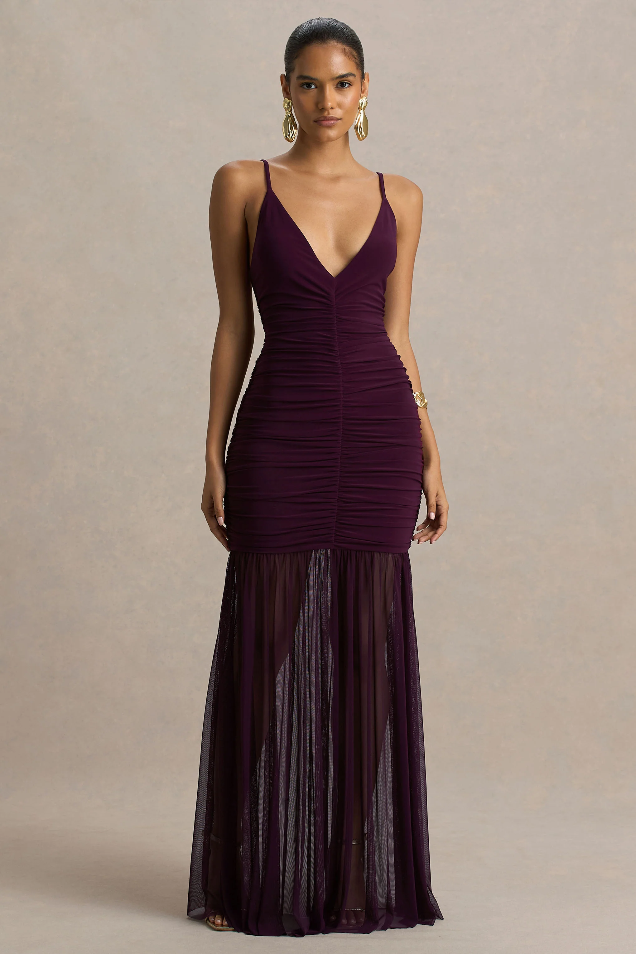 Pasqualina | Plum Ruched Plunge-Neck Maxi Dress