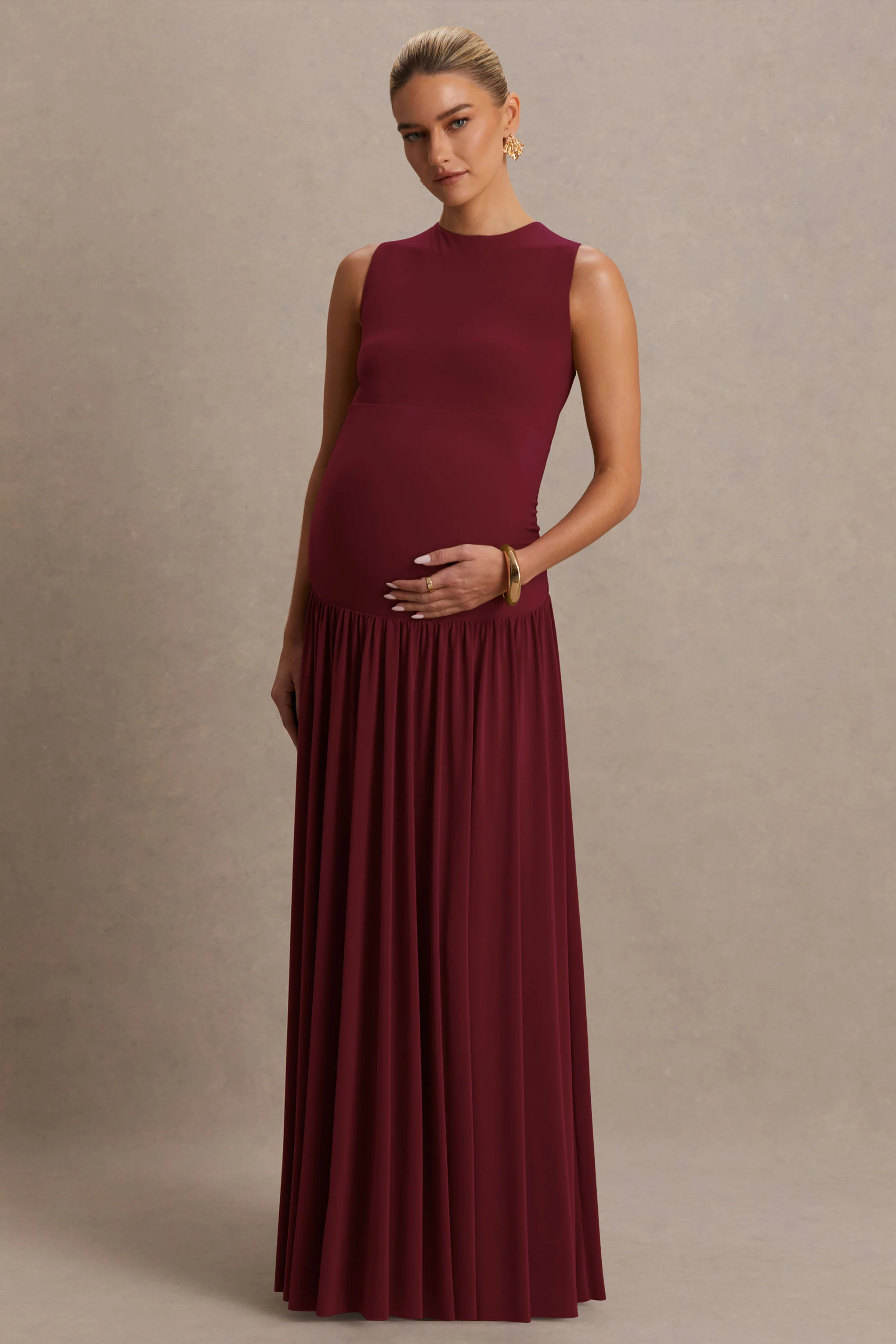 Outline | Burgundy High-Neck Maternity Maxi Dress With Draped Skirt