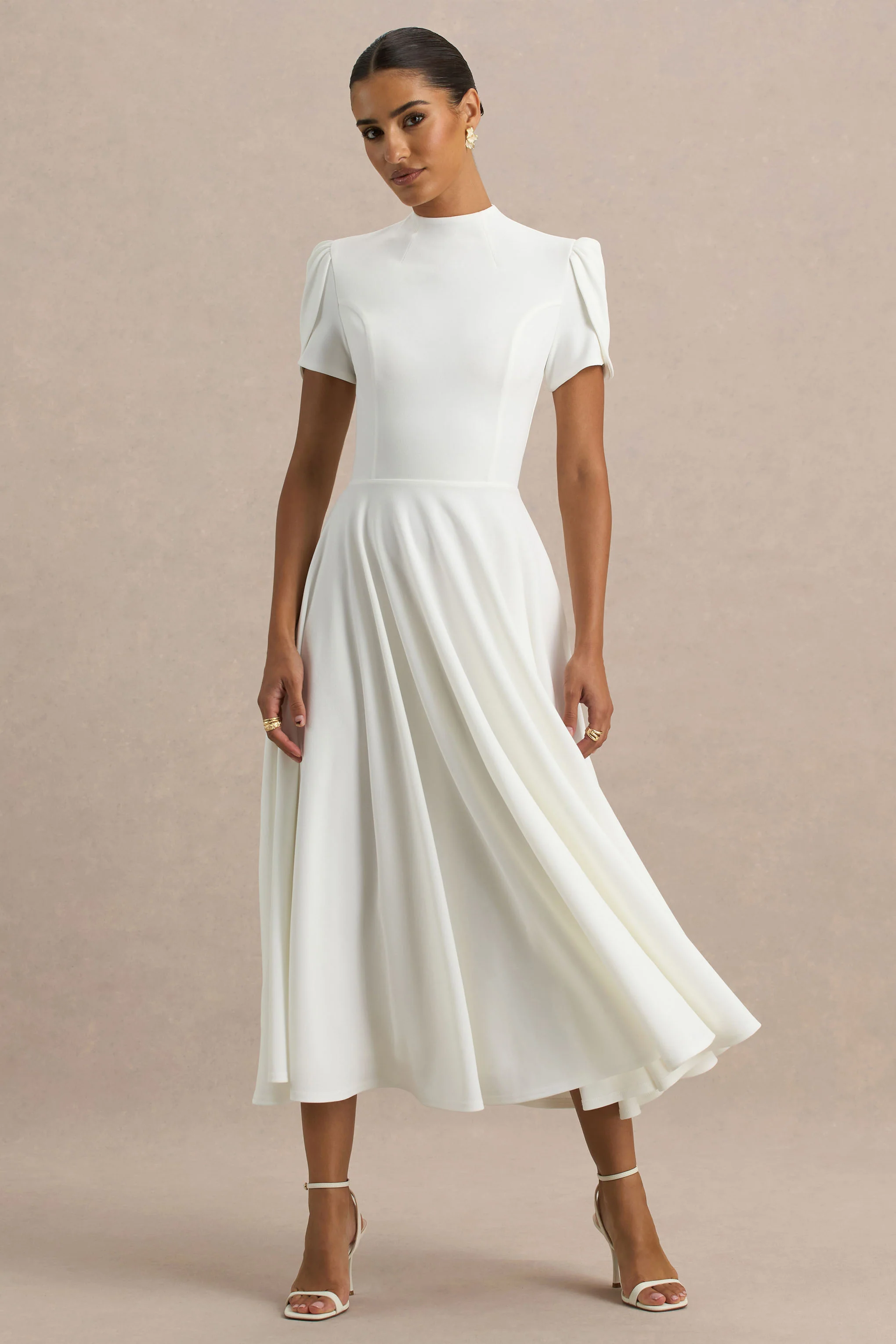 Vicky | White High Neck Midi Dress With Puff Sleeves