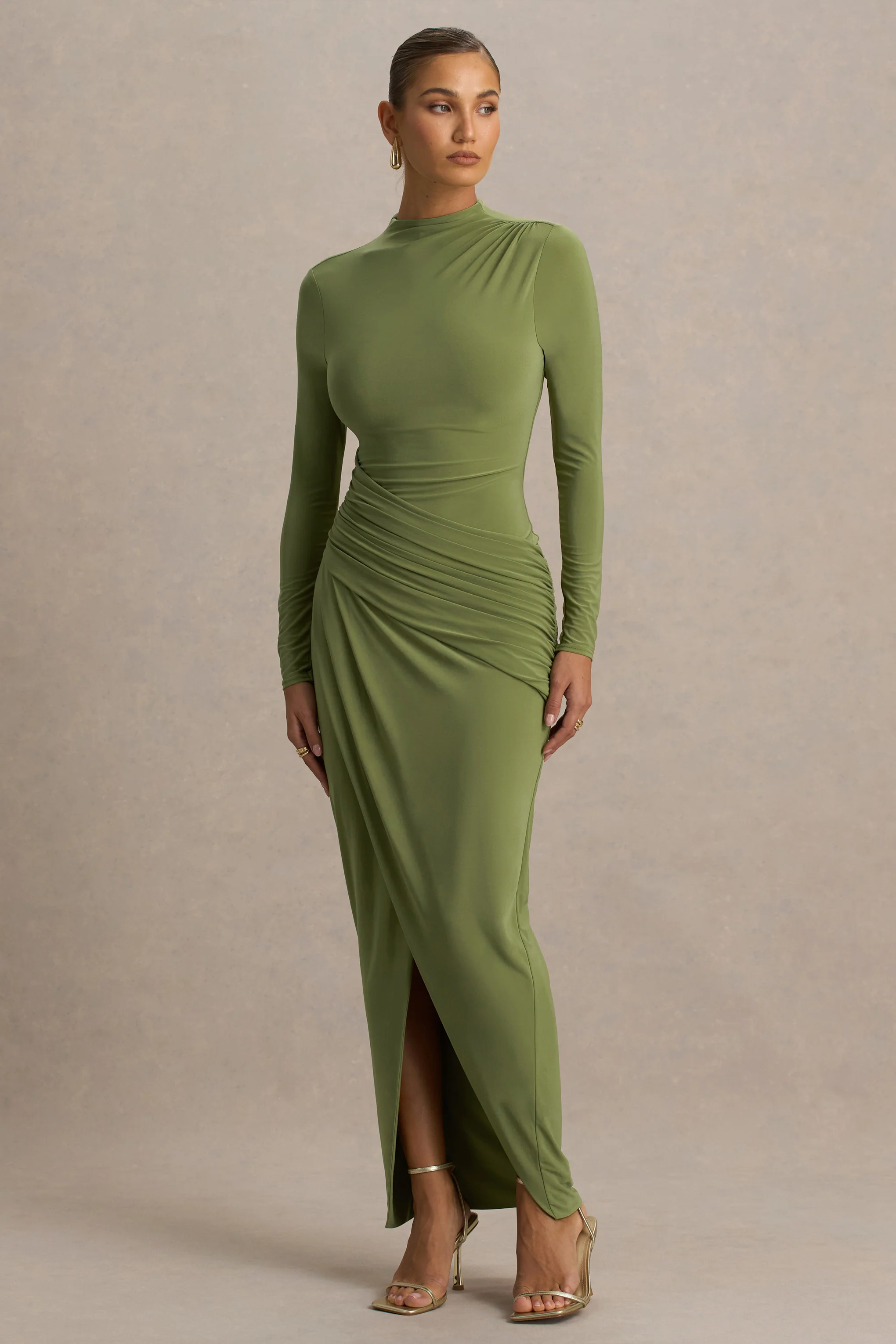Zephyra | Olive High-Neck Wrapped Maxi Dress