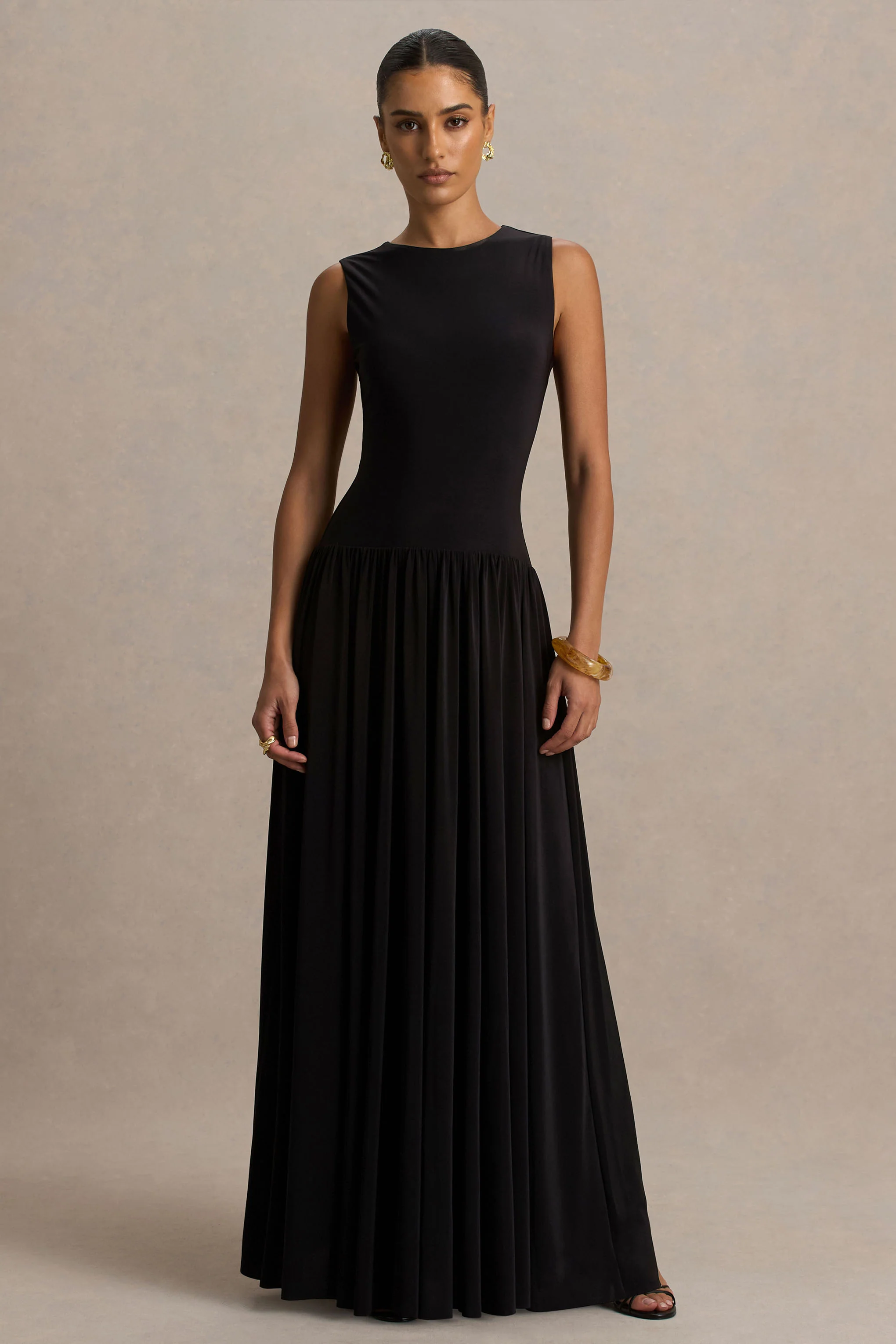 Rosalita | Black Crew-Neck Maxi Dress With Drop-Waist