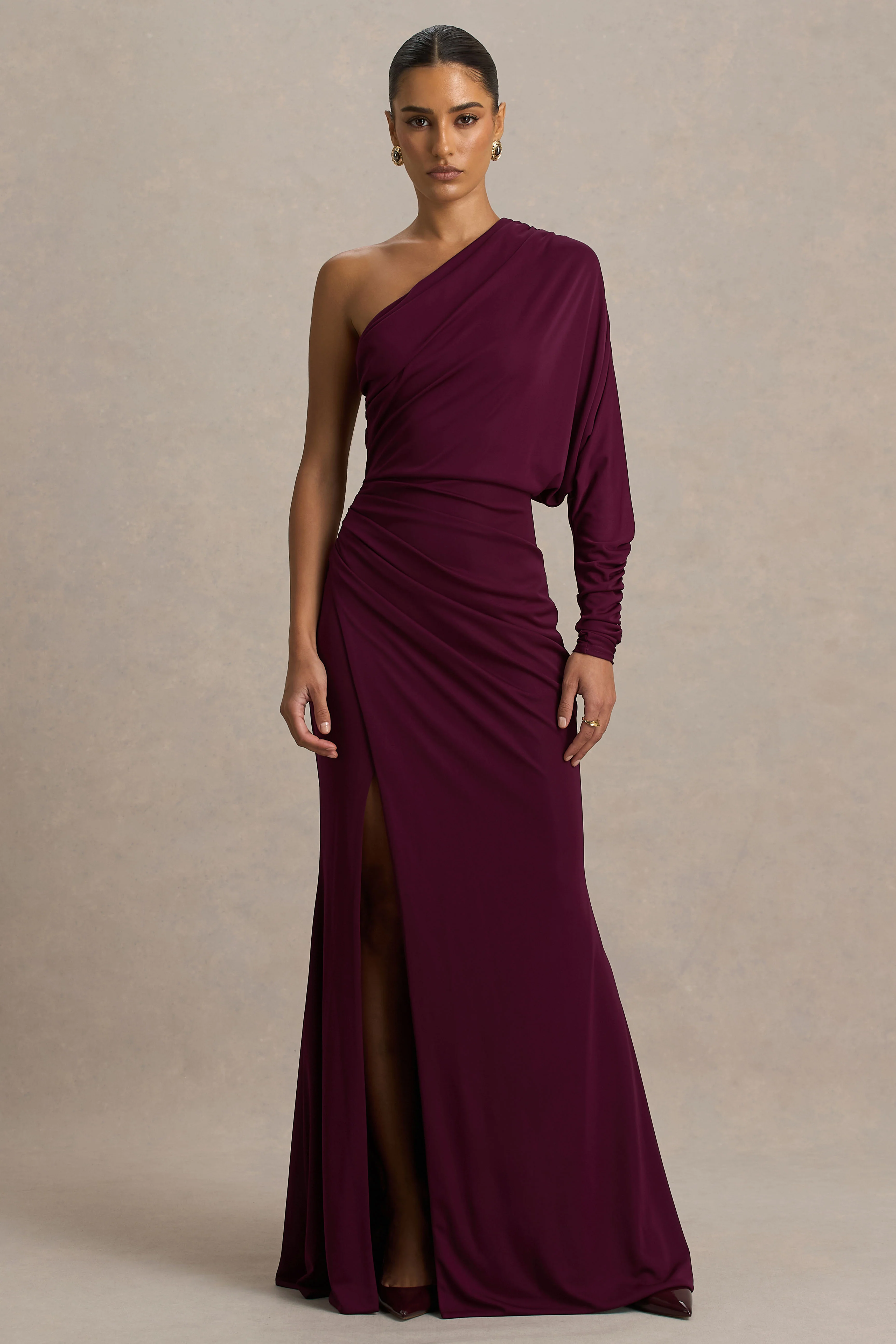 Lola | Burgundy Asymmetric-Neck Maxi Dress With Ruched Detailing And Front High-Split