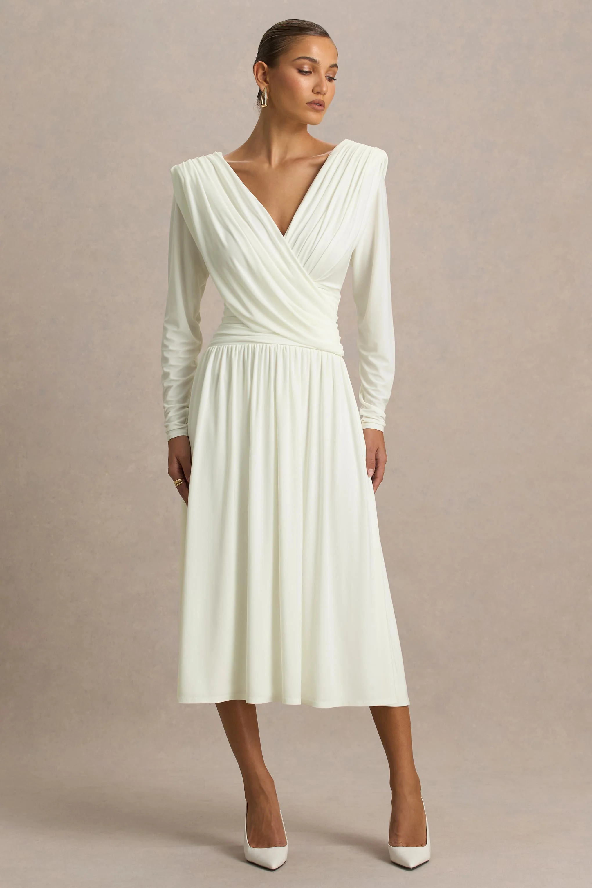 Alexis | Cream Plunge-Neck Midi Dress With Draped And Ruched Detailing