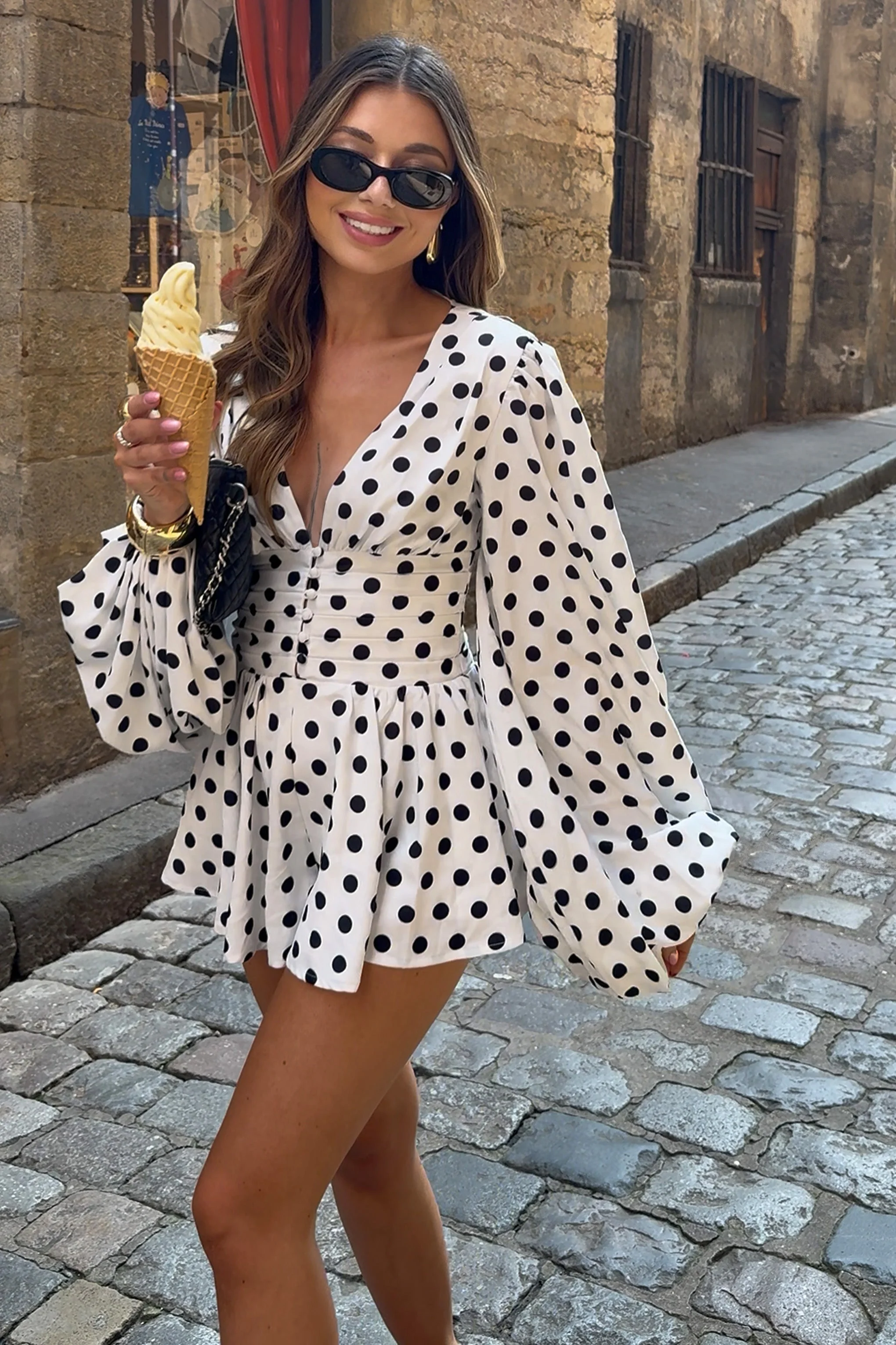 Laurel | White Polka Dot V-Neck Balloon Sleeve Playsuit