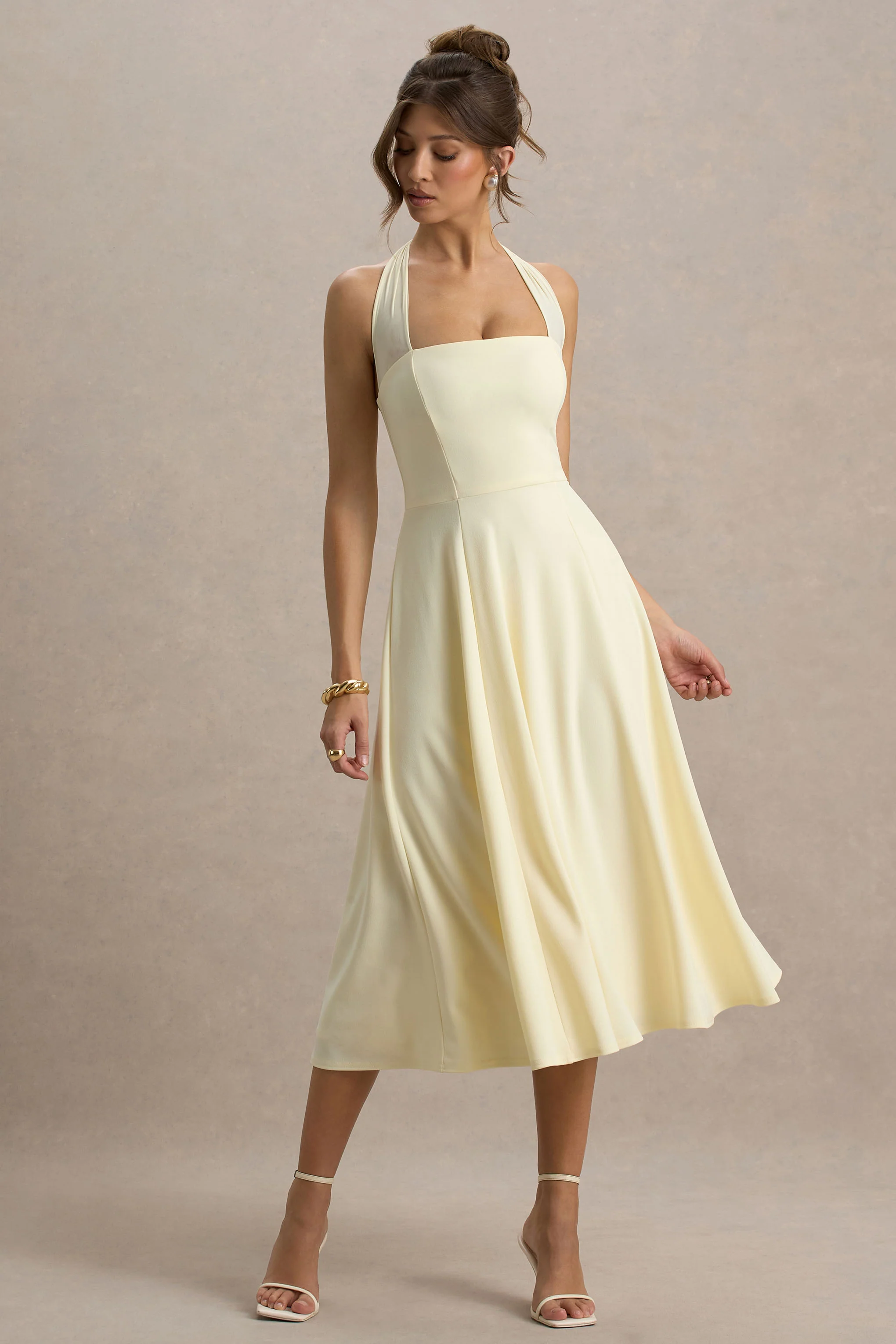 Auburn | Pale Lemon Halter-Neck Midi Dress