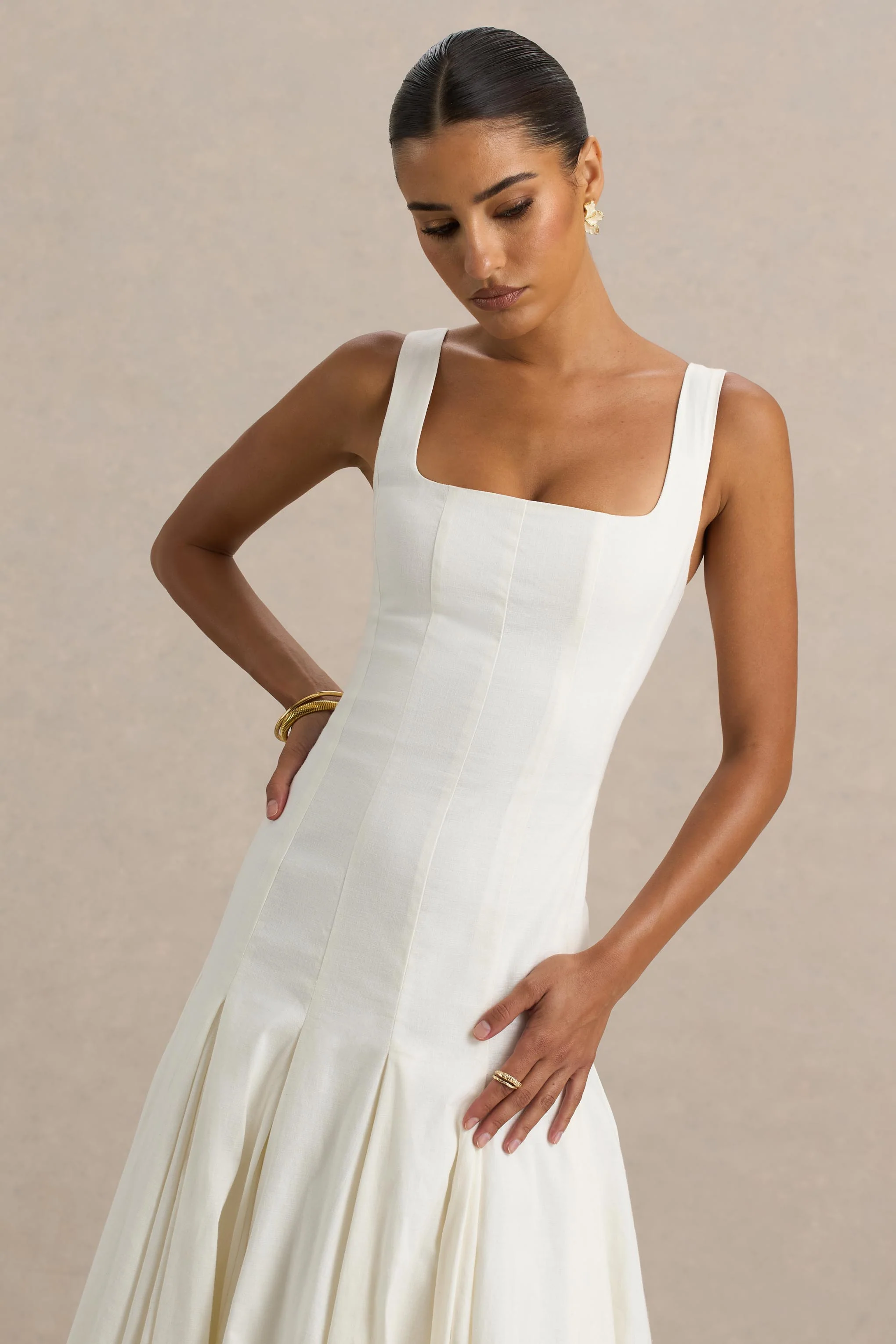 Magnolia | White Scoop-Neck Midi Dress With Drop-Waist And Ruffling Detail