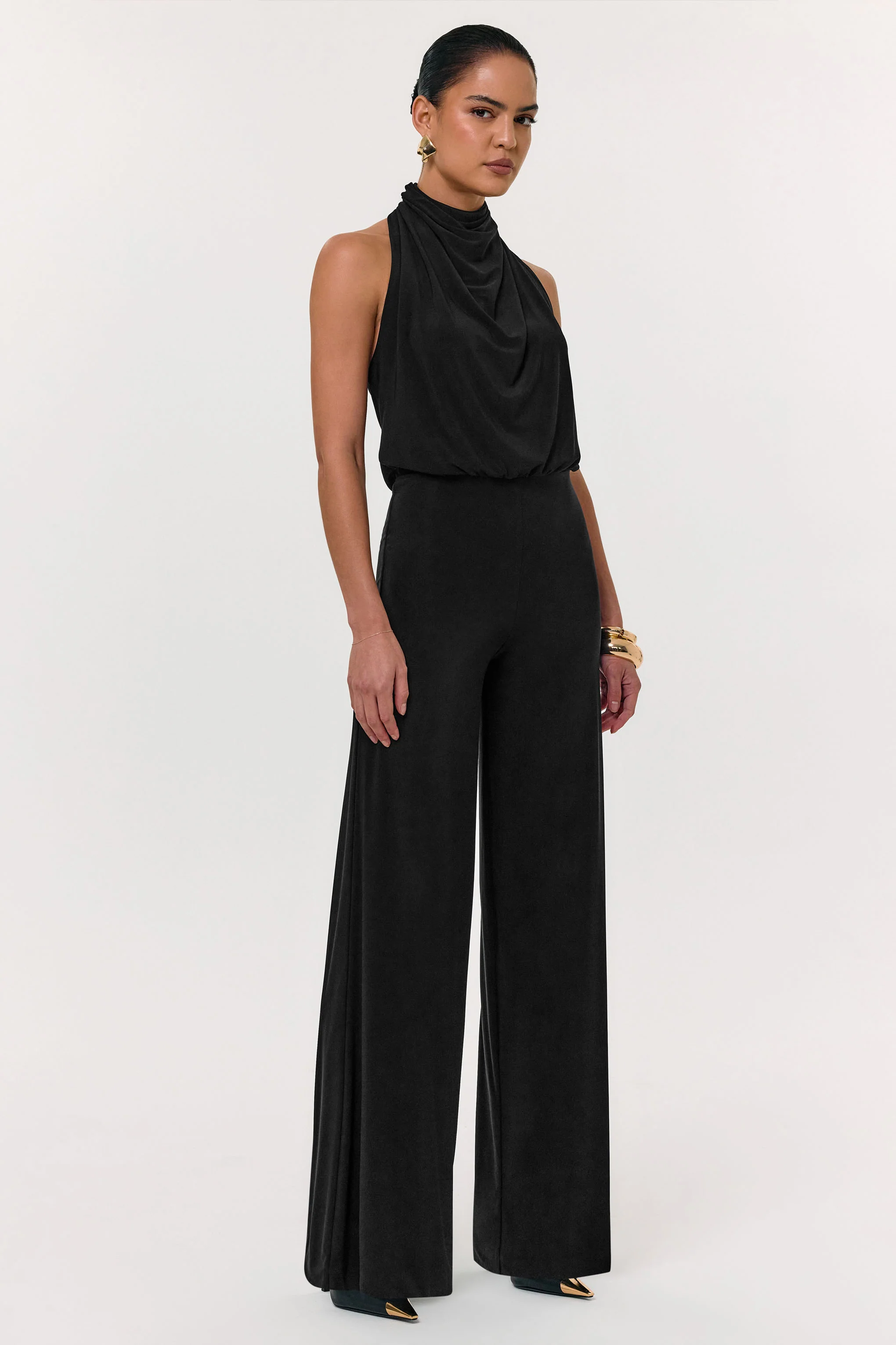 Asha | Black High-Neck Jumpsuit With Ruched Detail