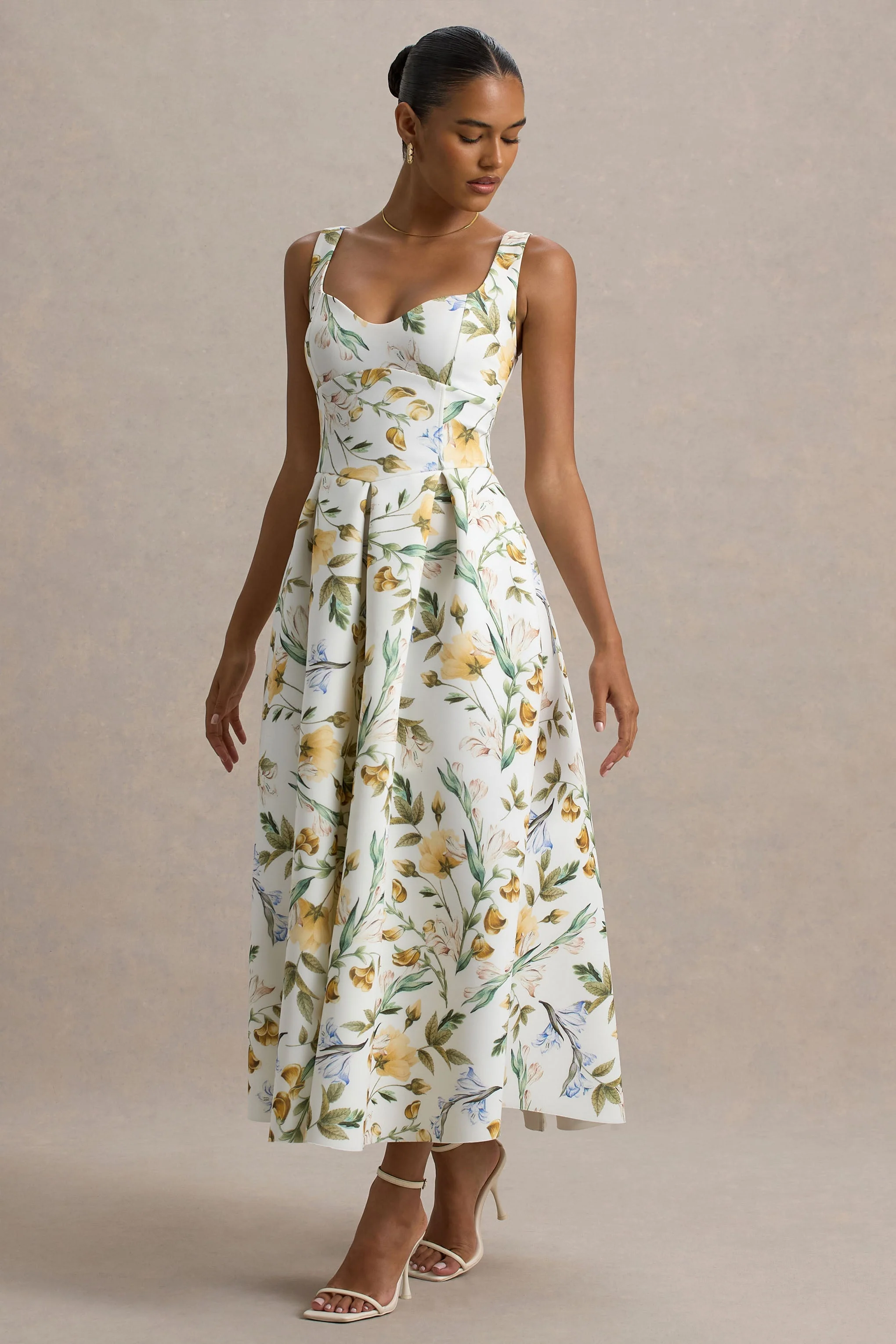 Rosemary | Floral Print Sweetheart Midi Dress With Drop Waist
