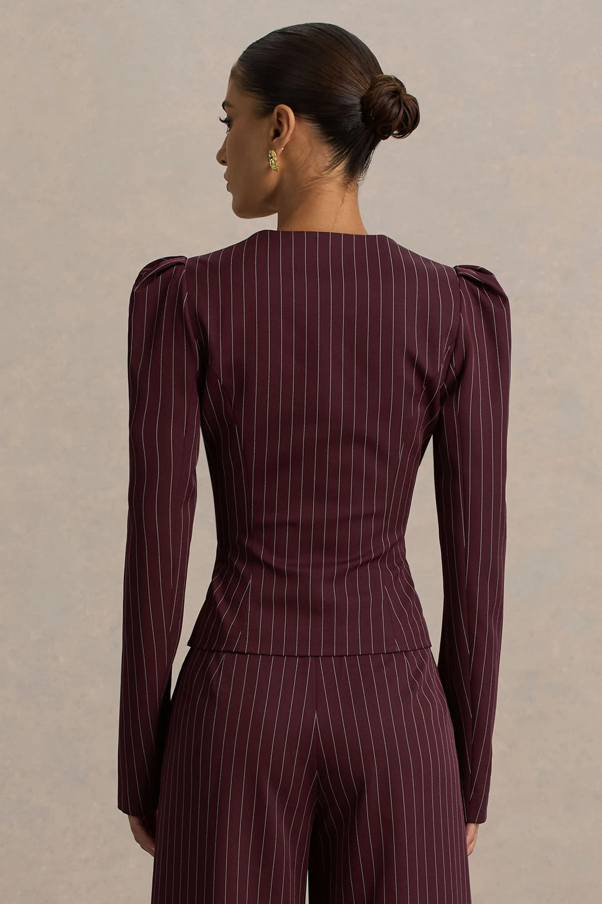 Lana | Burgundy Pinstripe Woven Sweetheart-Neck Tailored Top