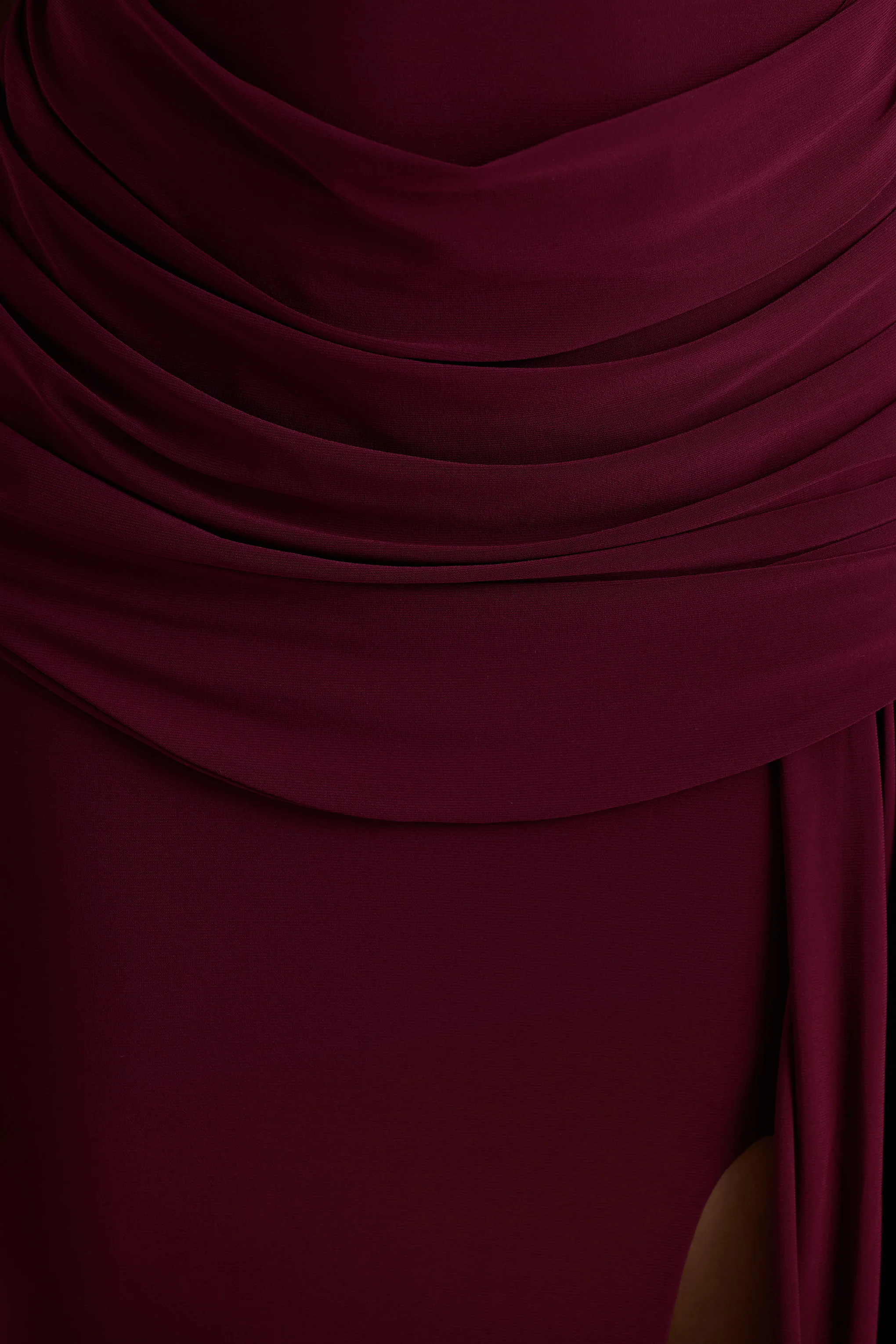 Dynasty | Burgundy Asymmetric-Neck Maxi Dress With Ruched Detailing And Front High-Split
