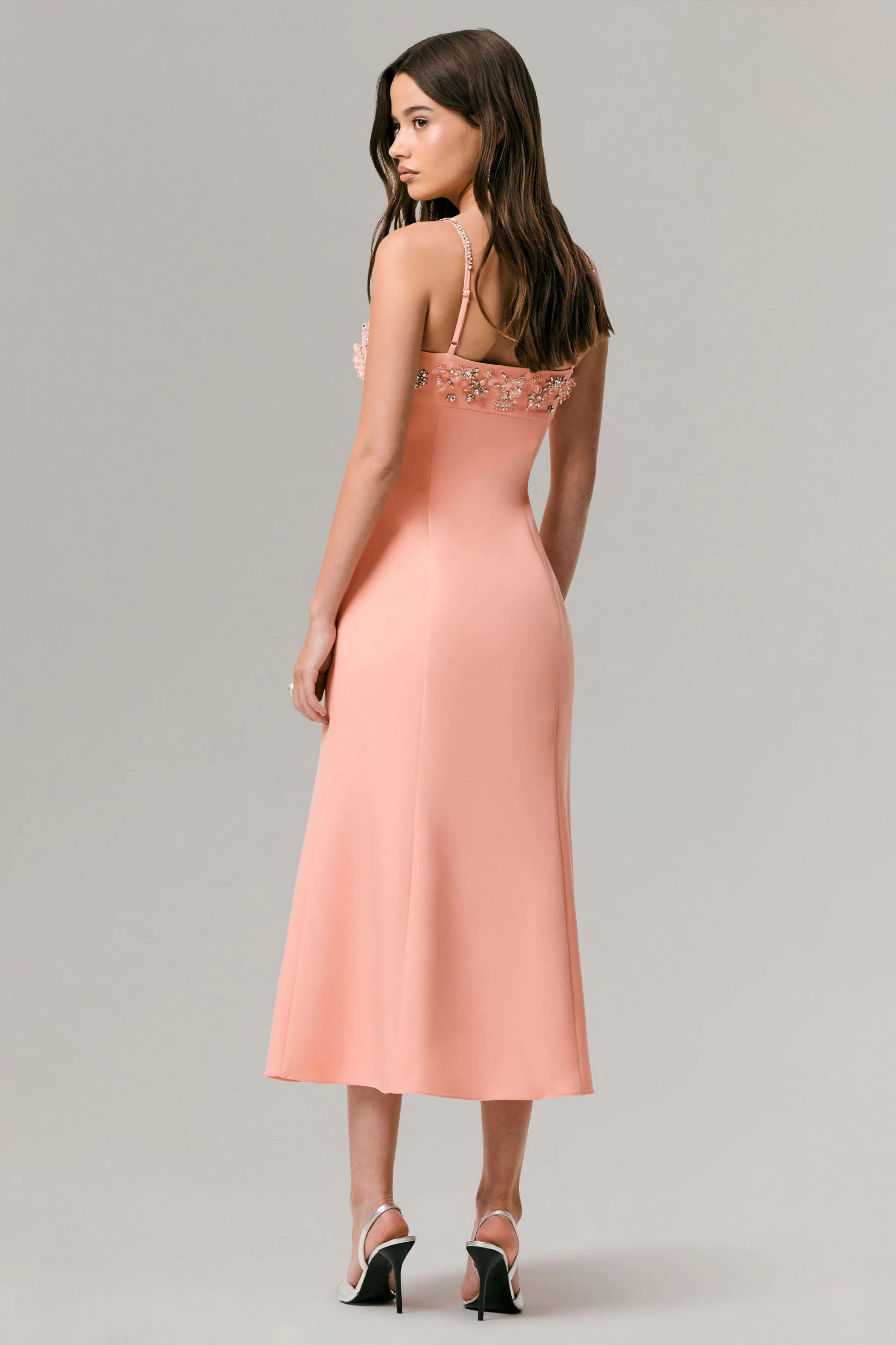 One To Remember | Coral Square-Neck Embellished Midi Dress