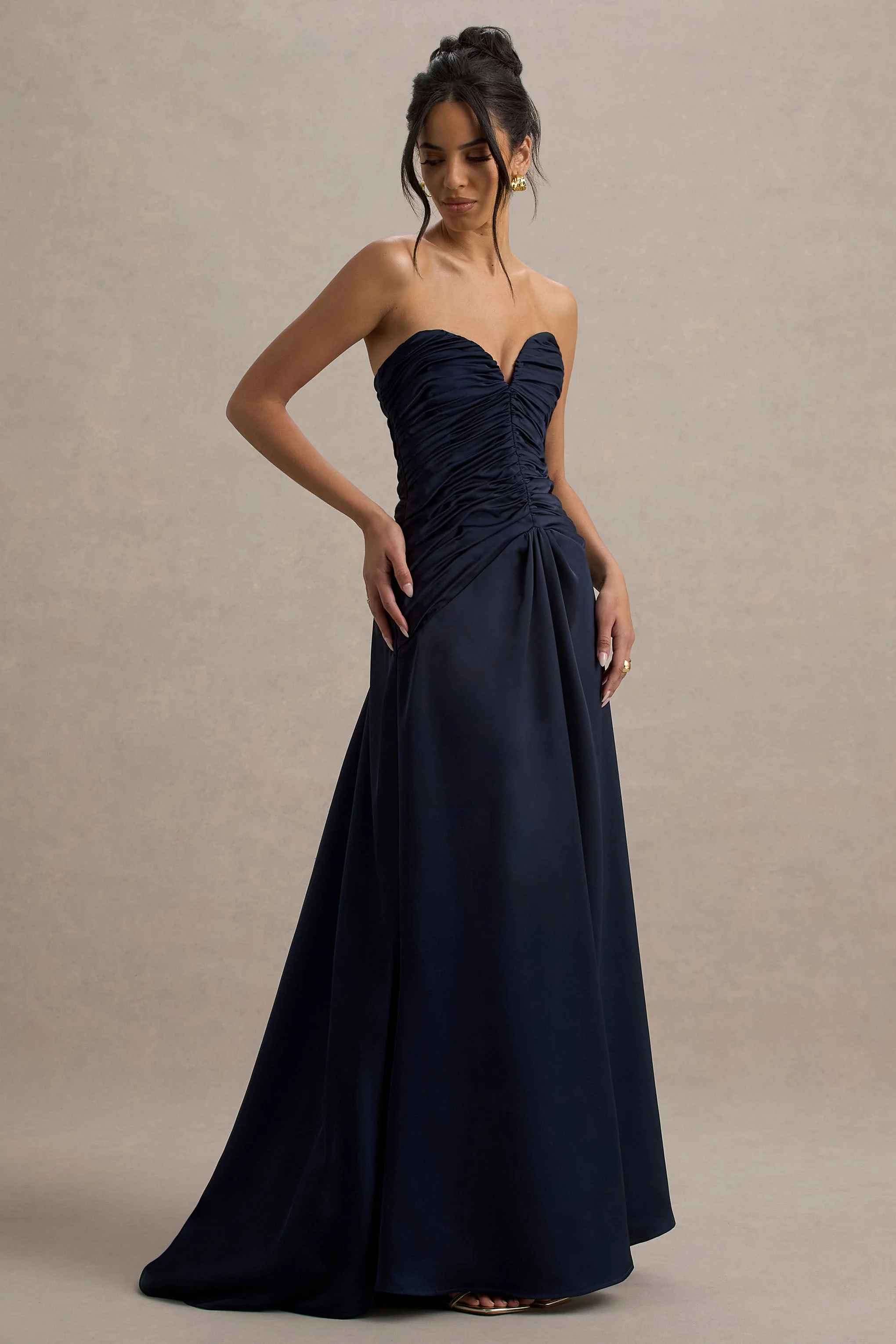 Desirie | Navy Satin Sweetheart Gathered Maxi Dress