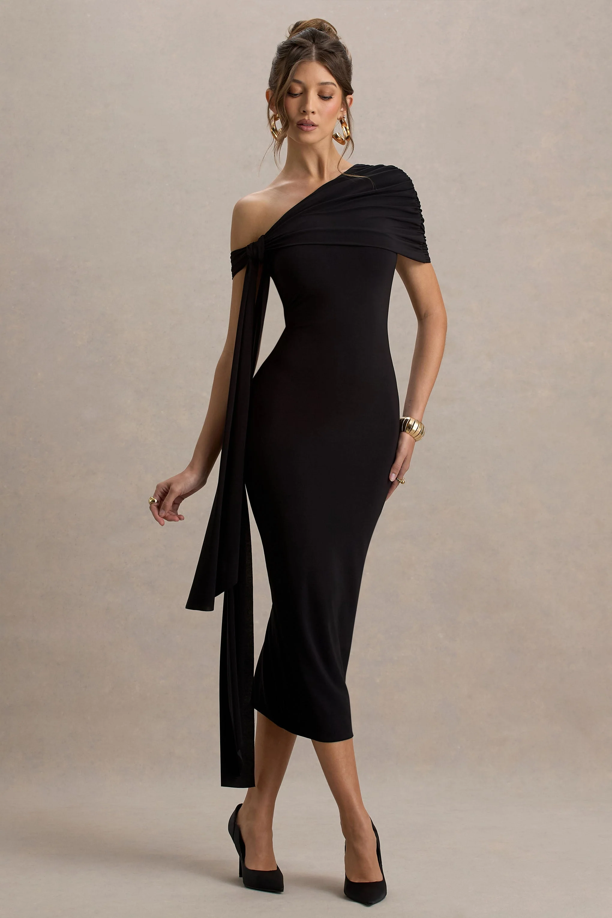 Praia | Black Asymmetric-Neck Maxi Dress With Sash and Draped Detailing