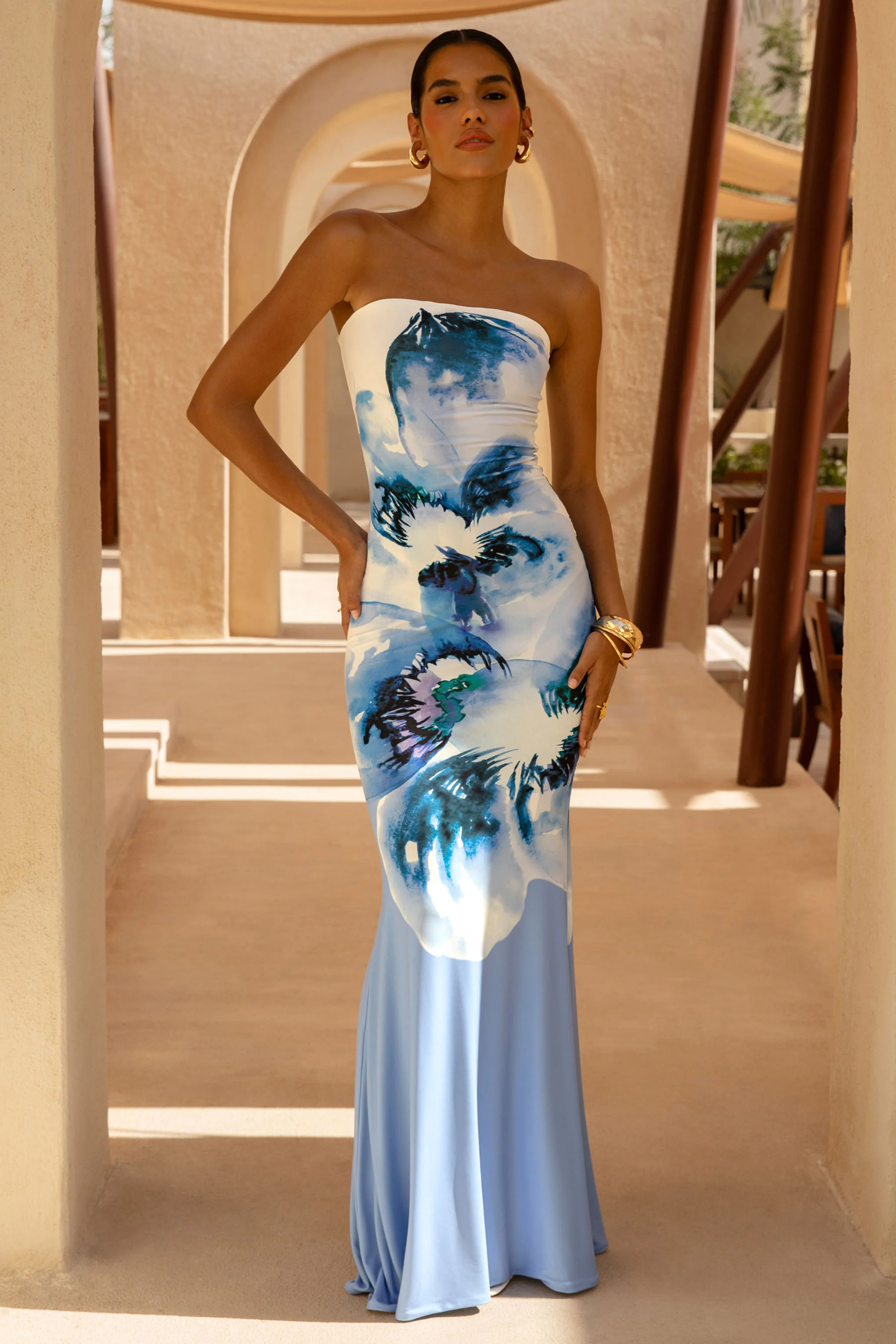 Ceremony | Large Blue Floral Print Bandeau Fishtail Maxi Dress