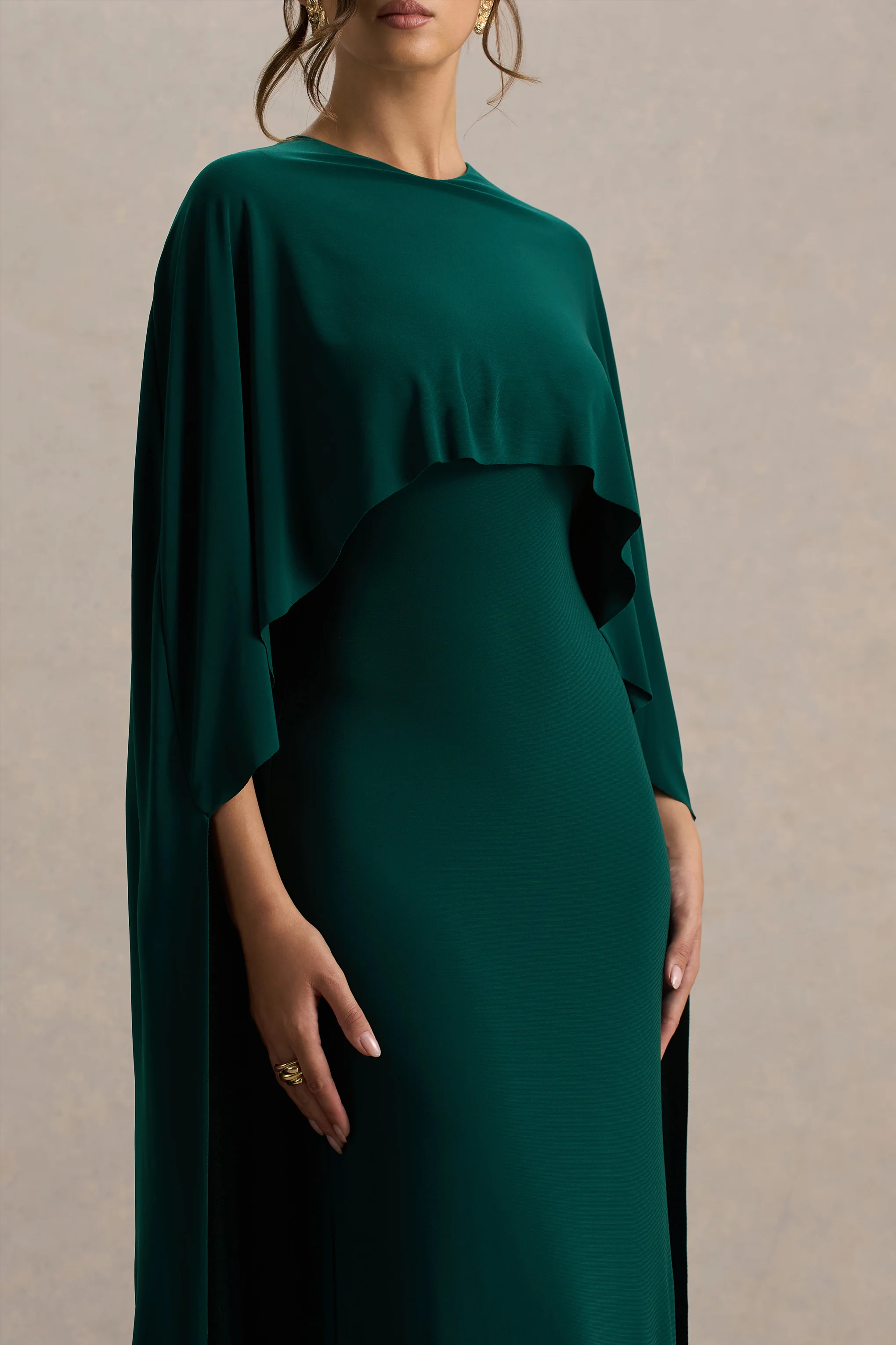 Padma | Bottle Green Draped Maxi Dress With Cape Sleeves