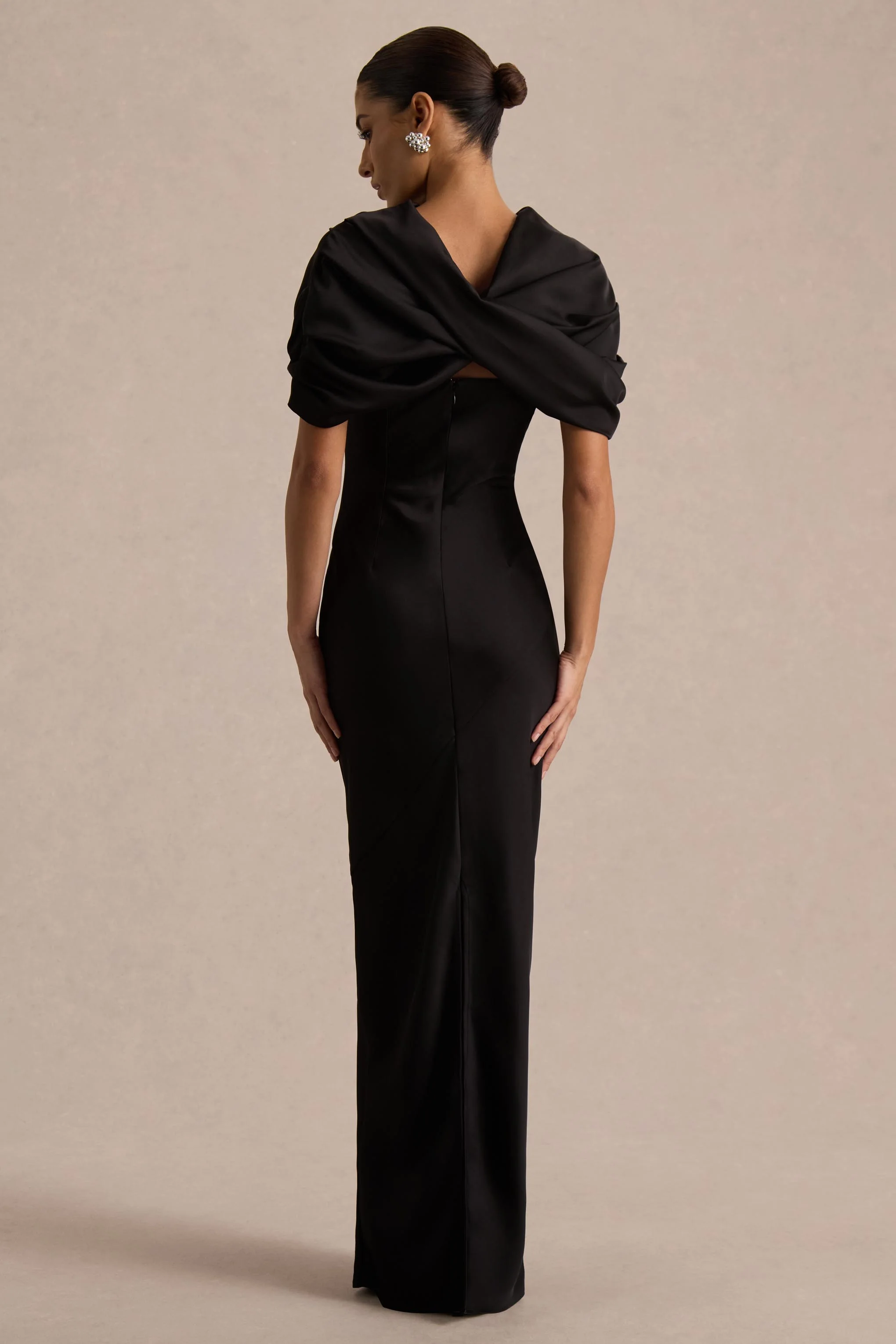 Yoli | Black Satin Maxi Dress With Twist-Cape