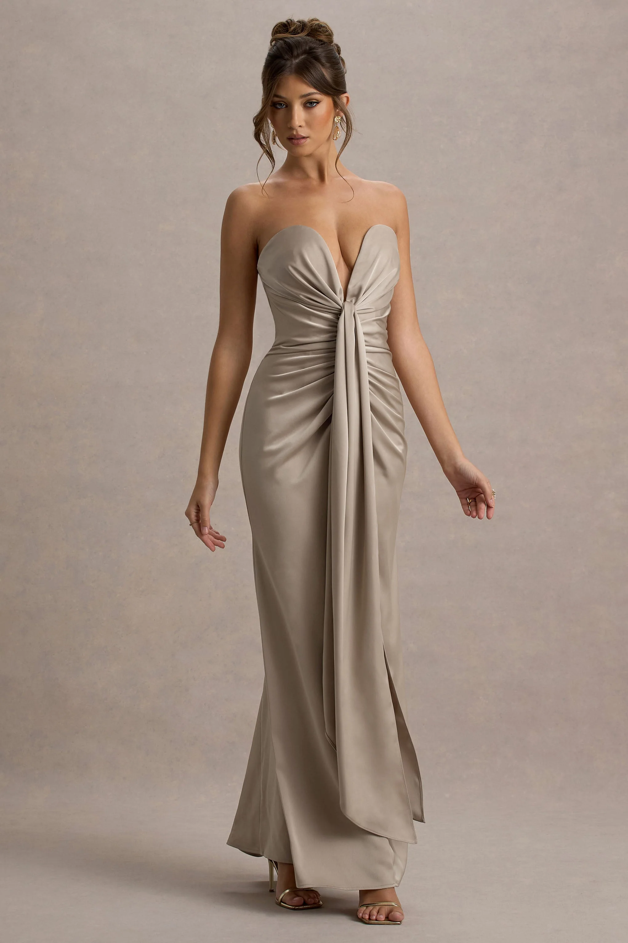 Mackenzie | Champagne Satin Plunge-Neck Draped Maxi Dress