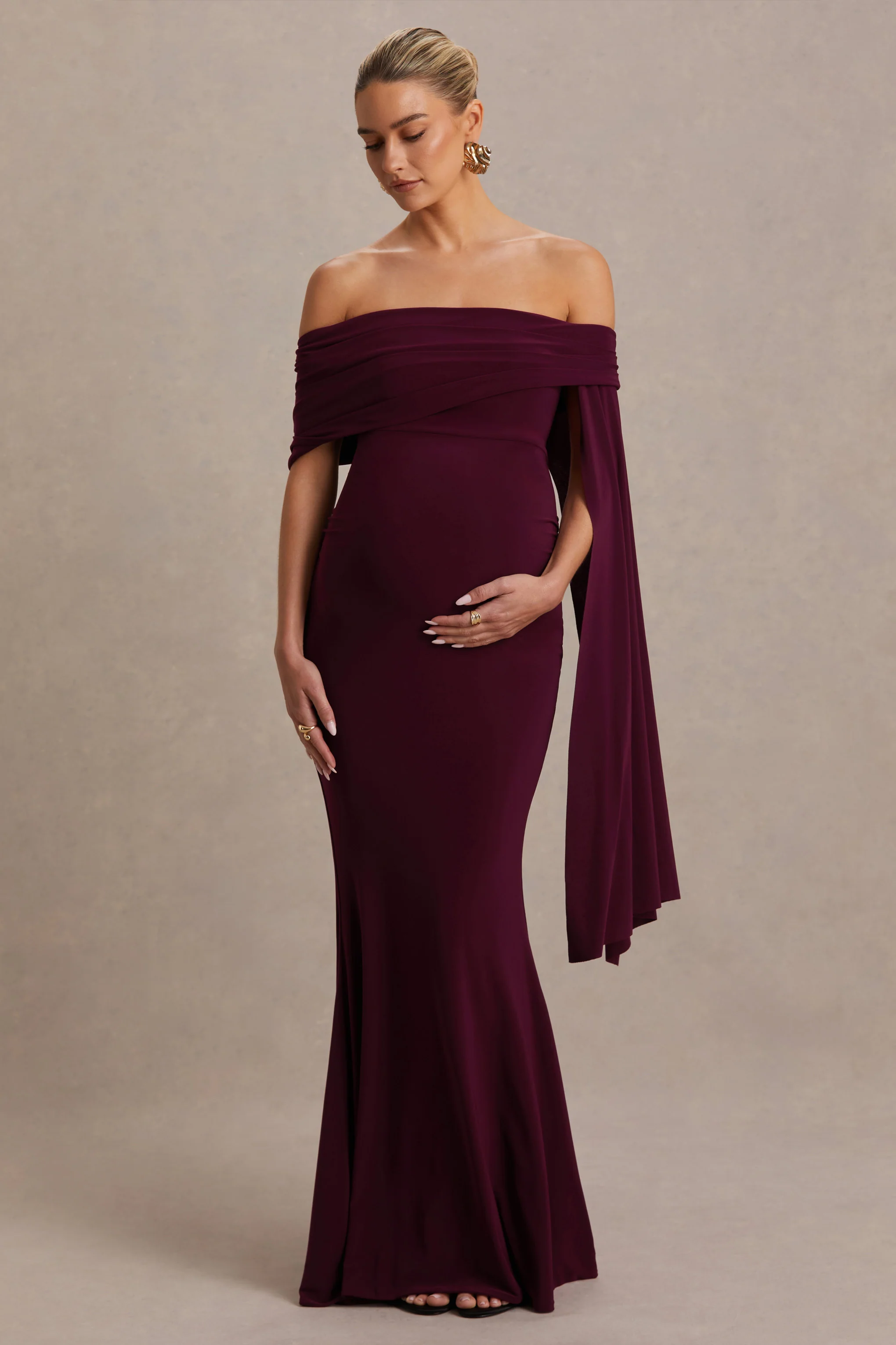 Aquila |  Burgundy Bardot Maternity Maxi Dress With Drape Sleeve