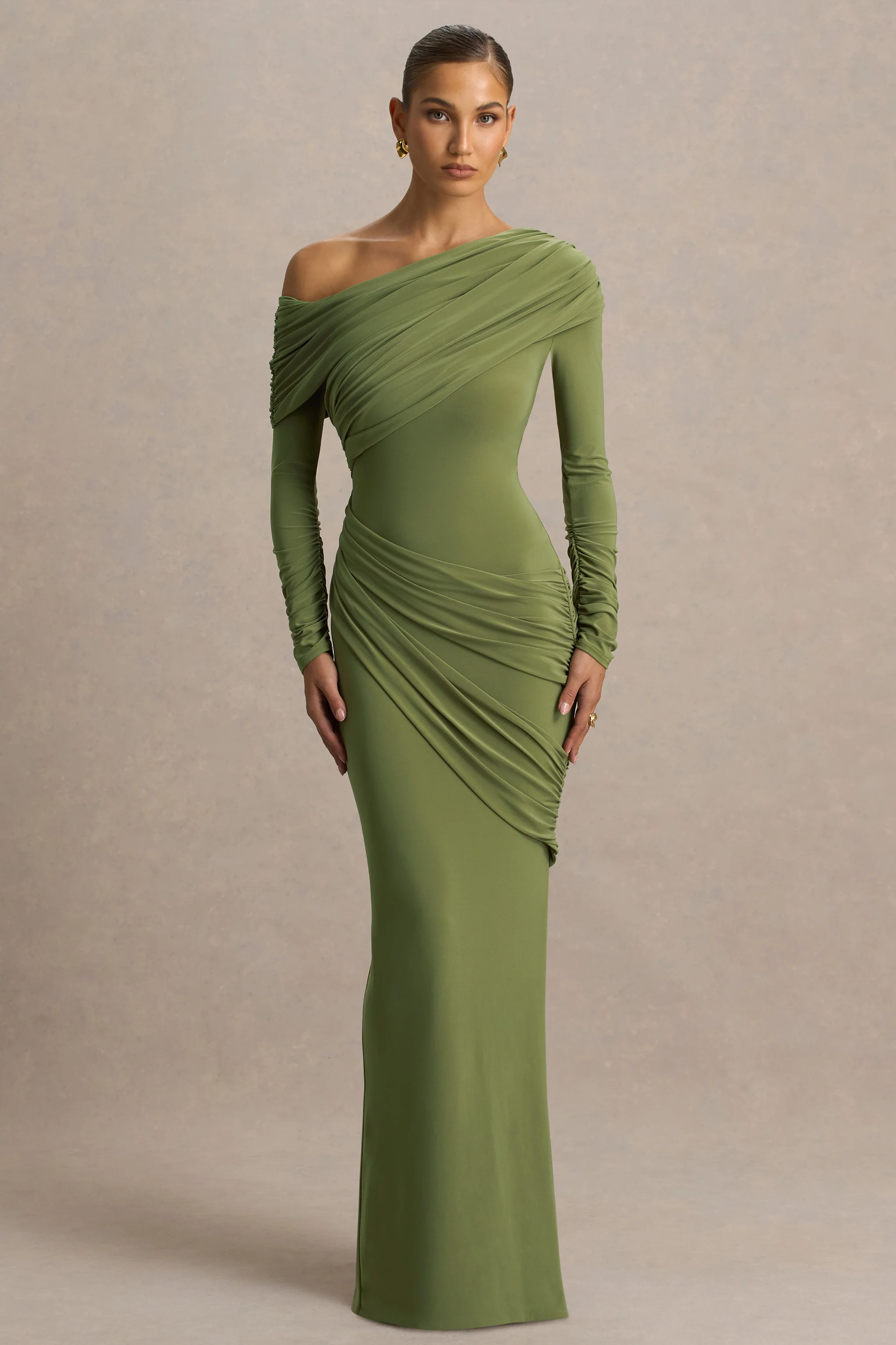 Perrie | Olive Asymmetric-Neck Maxi Dress With Ruched Detailing