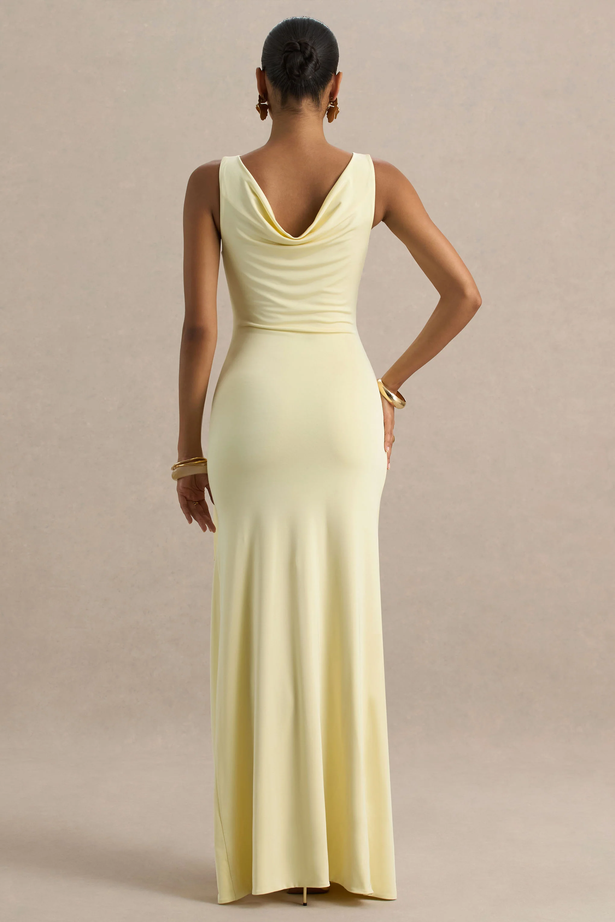 Pure Affection | Pale Lemon Cowl-Neck Maxi Dress With Ruched Detailing And Front High Split