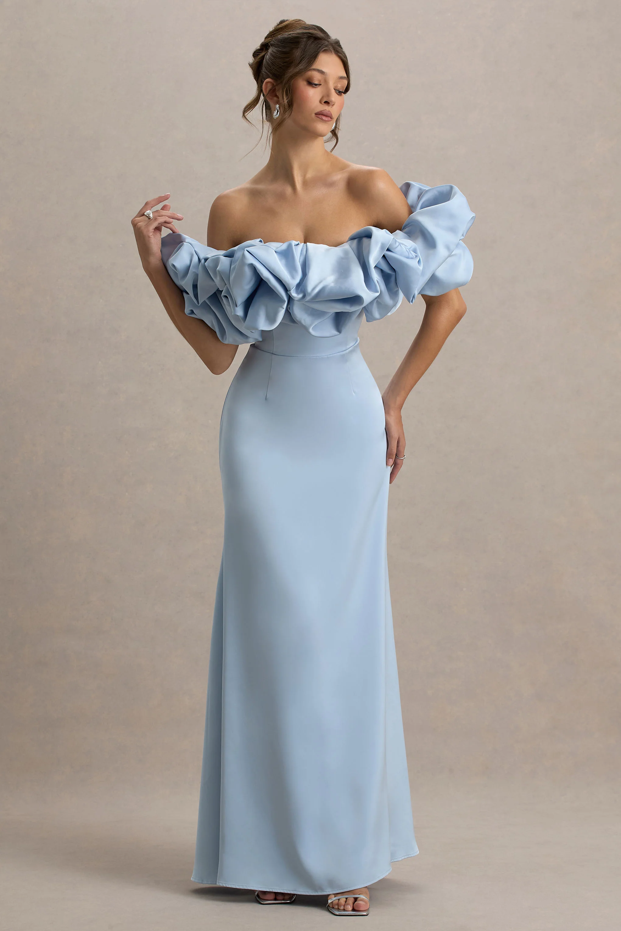 Allie | Powder Blue Puff Bardot Maxi Dress