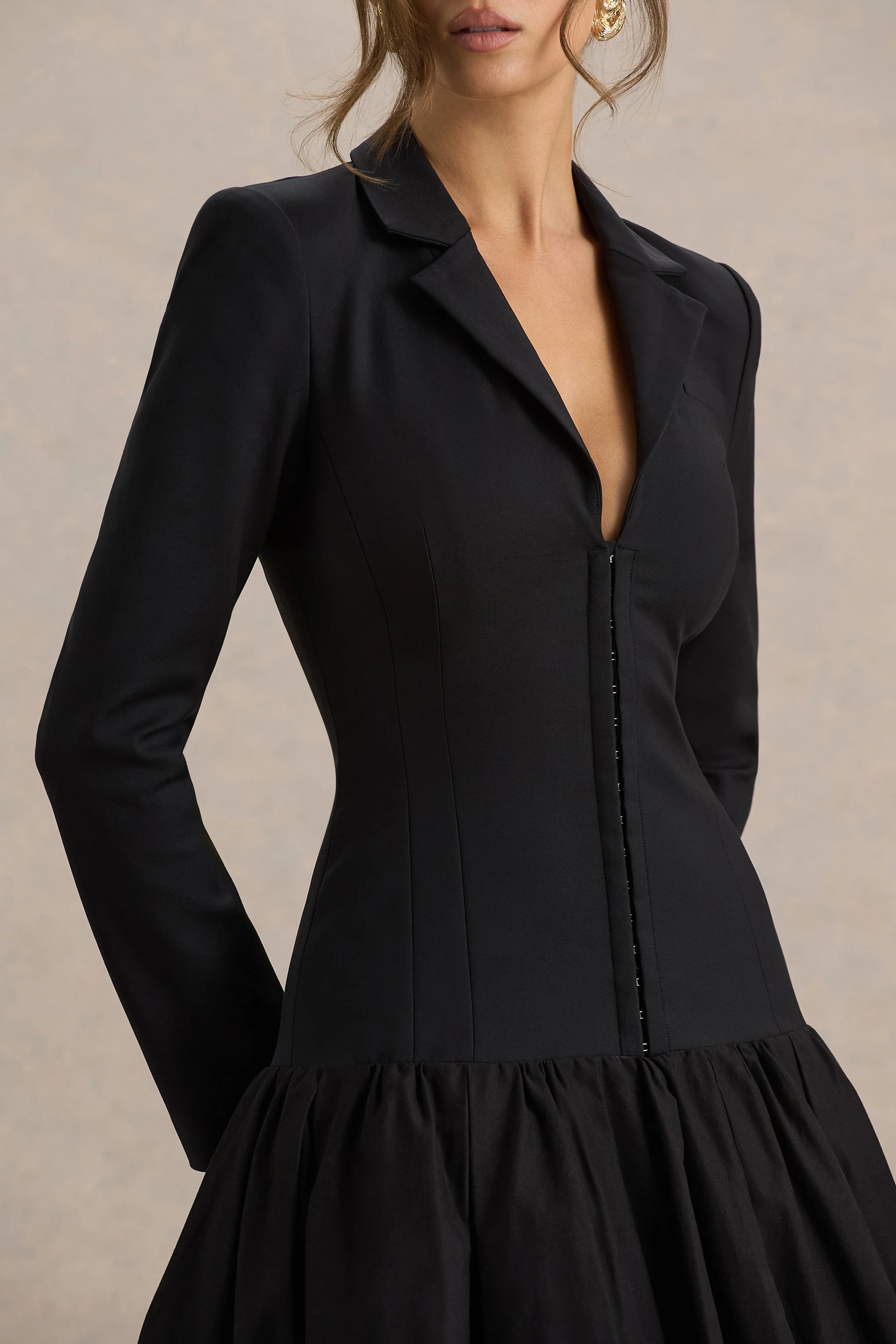 Cosmopolitan | Black Plunge-Neck Tailored Midi Dress With Pleated Hem