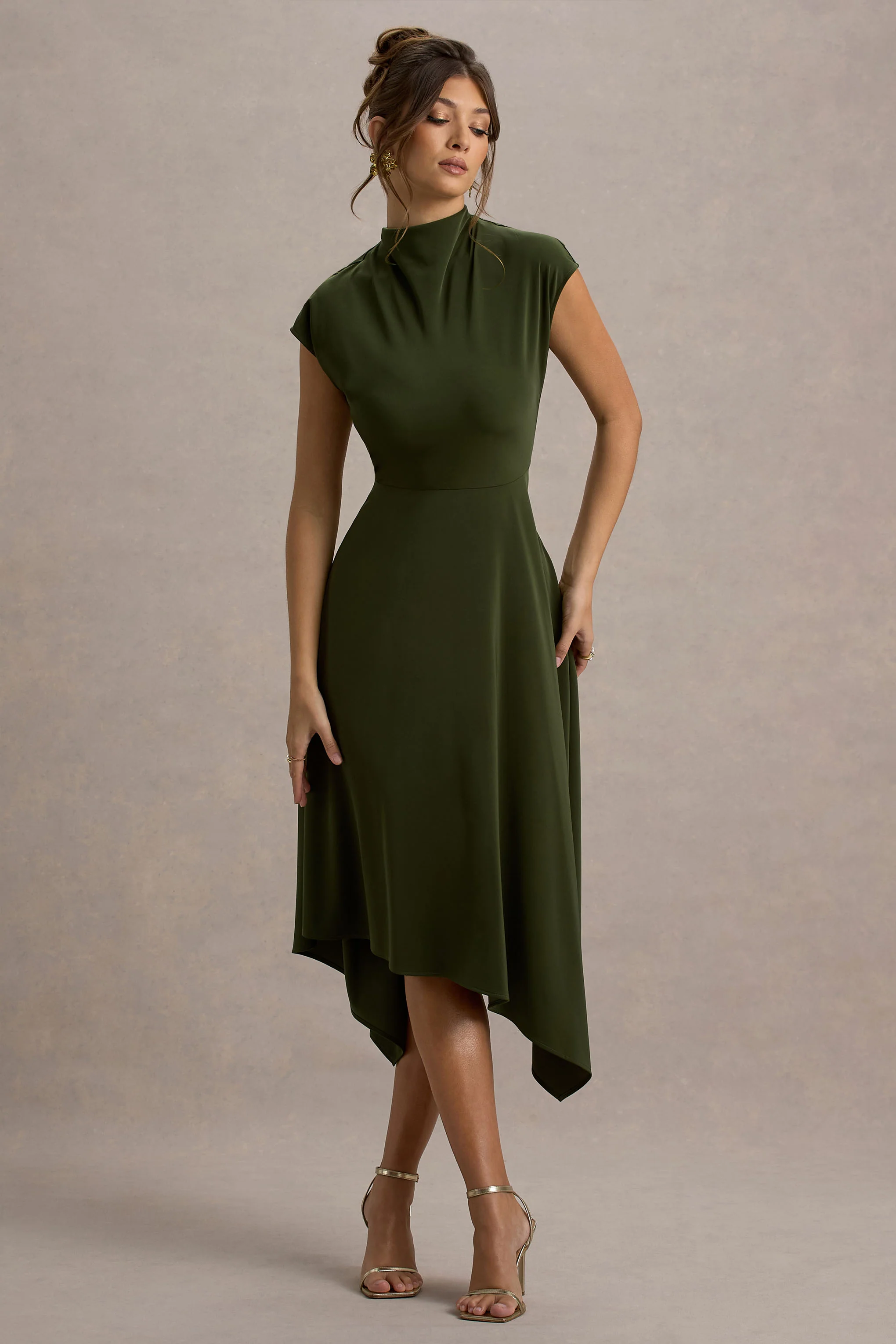 Velma | Olive Satin Midi Dress With Draped Hem
