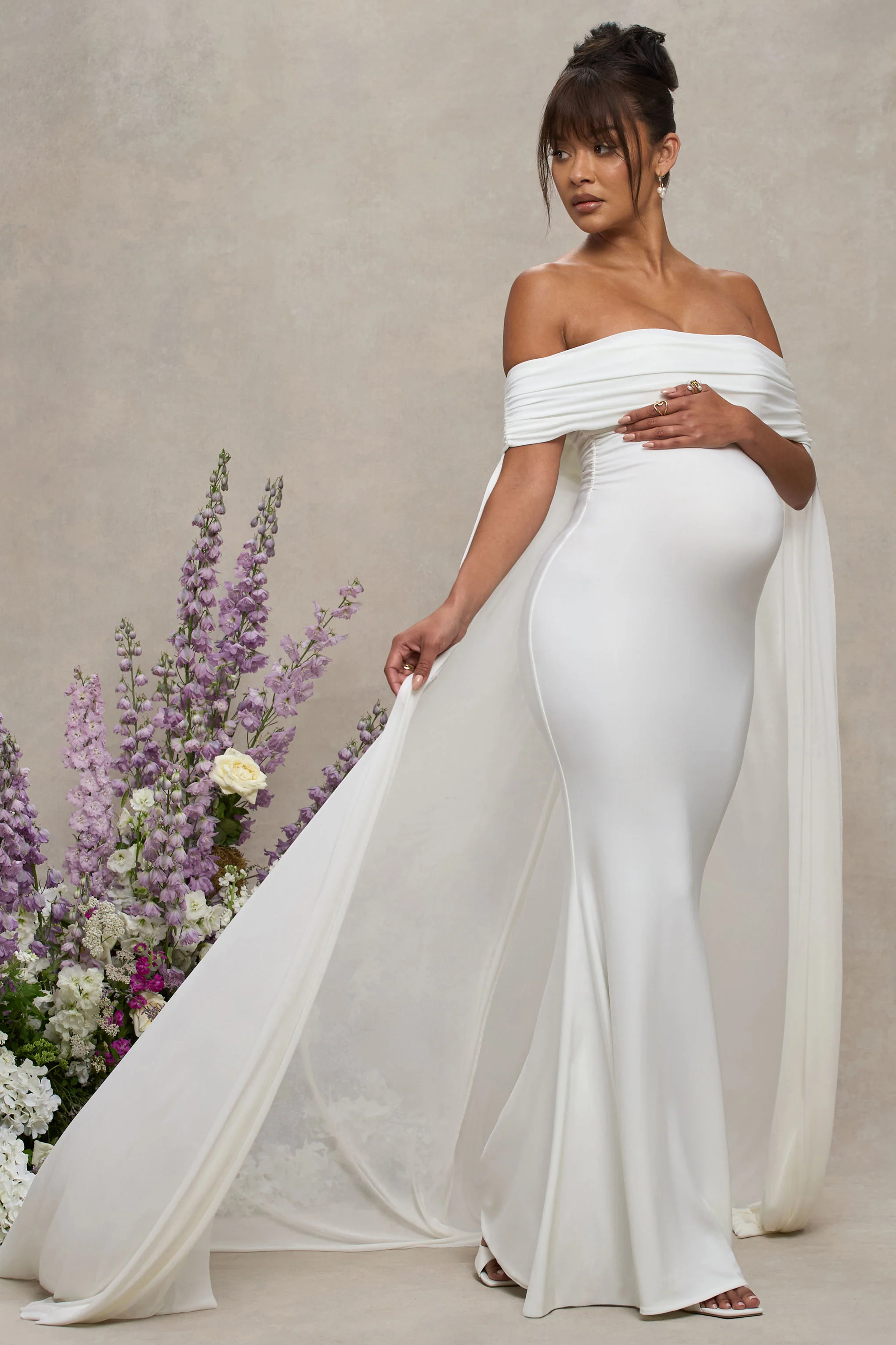 Carlotta | White Bardot Maternity Maxi Dress With Chiffon Cape