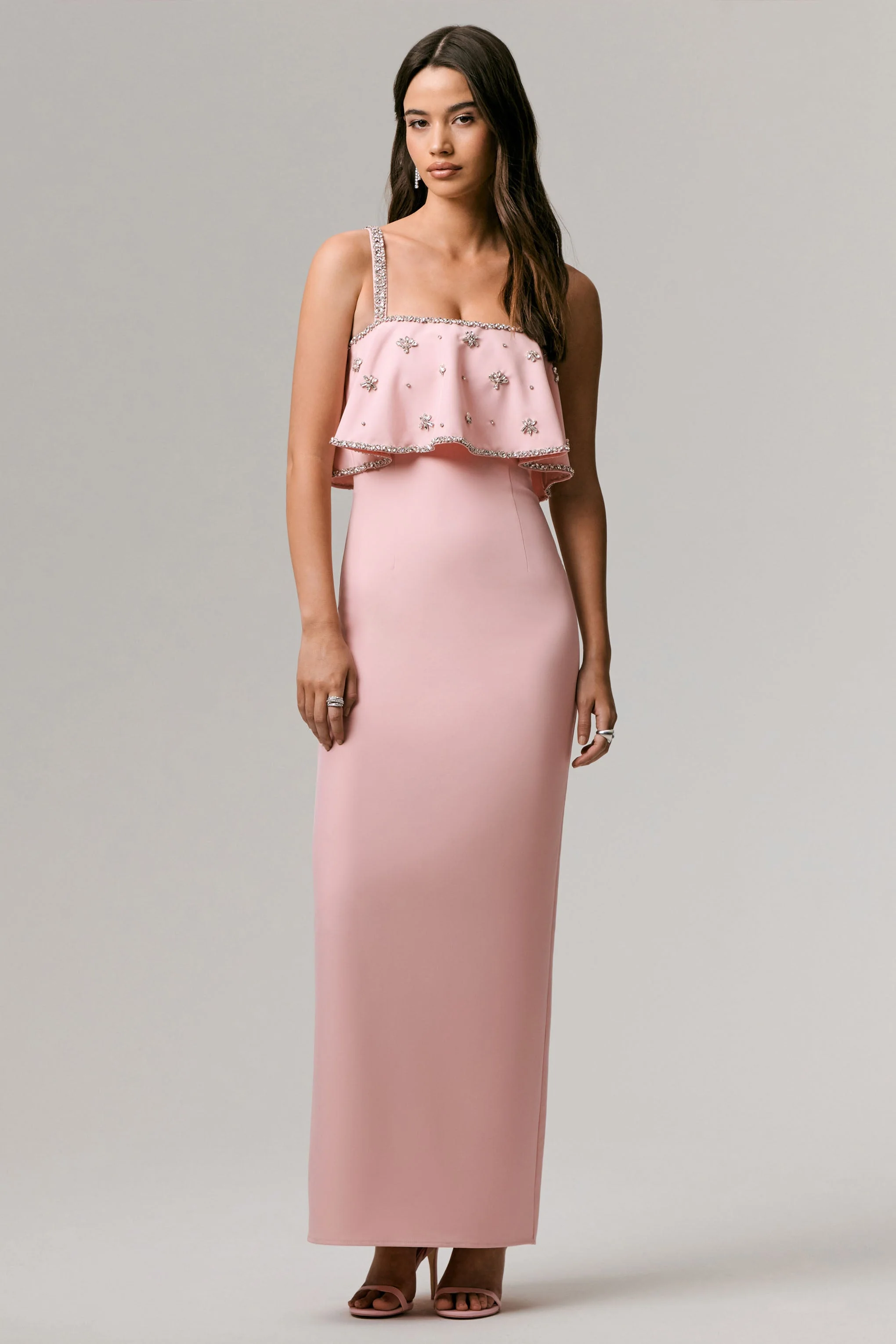 Scarlet | Pale Pink Square-Neck Embellished Maxi Dress
