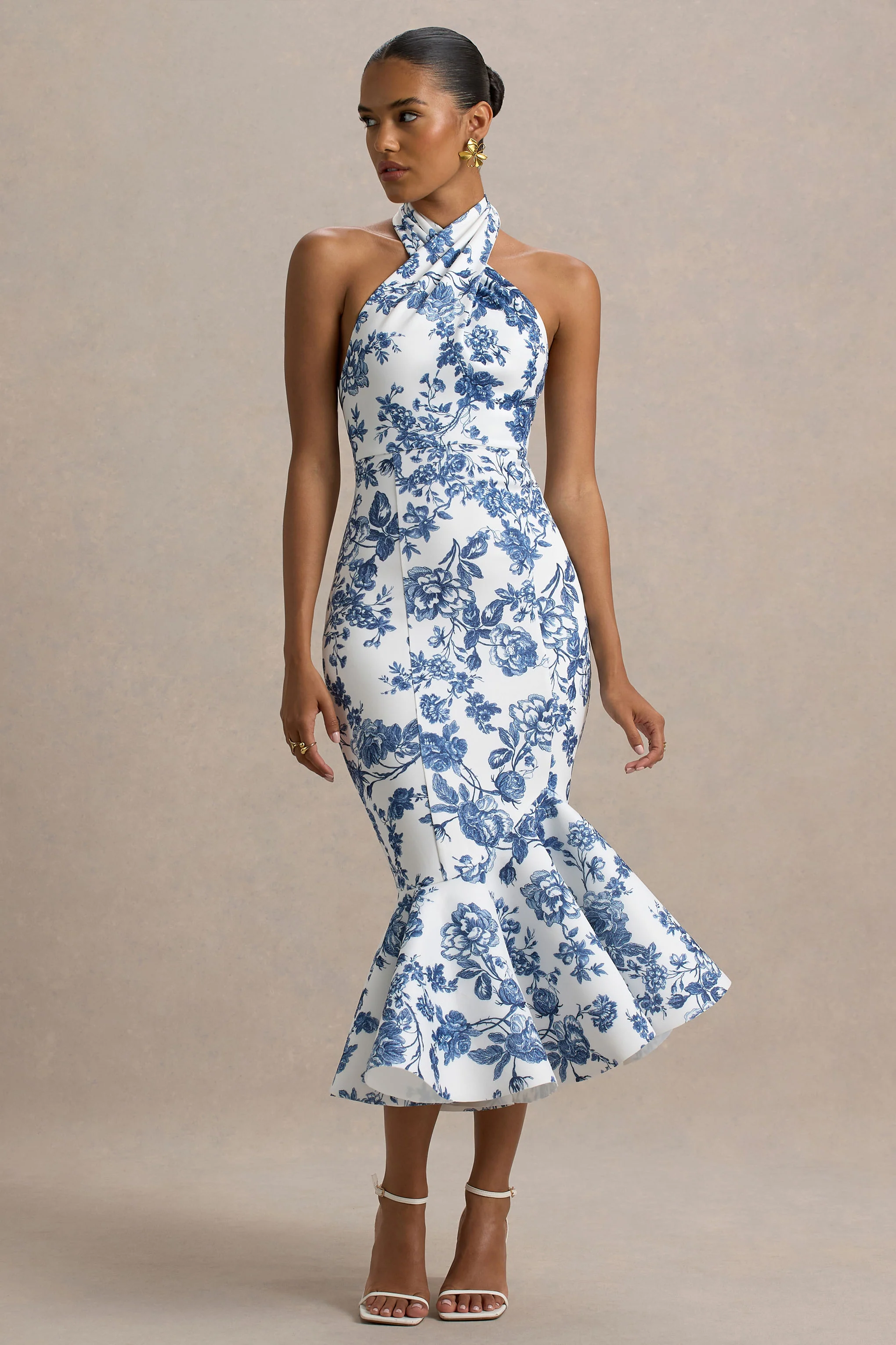 Sonoma | Blue Porcelain Print Halter-Neck Ruffle-Trim Midi Dress