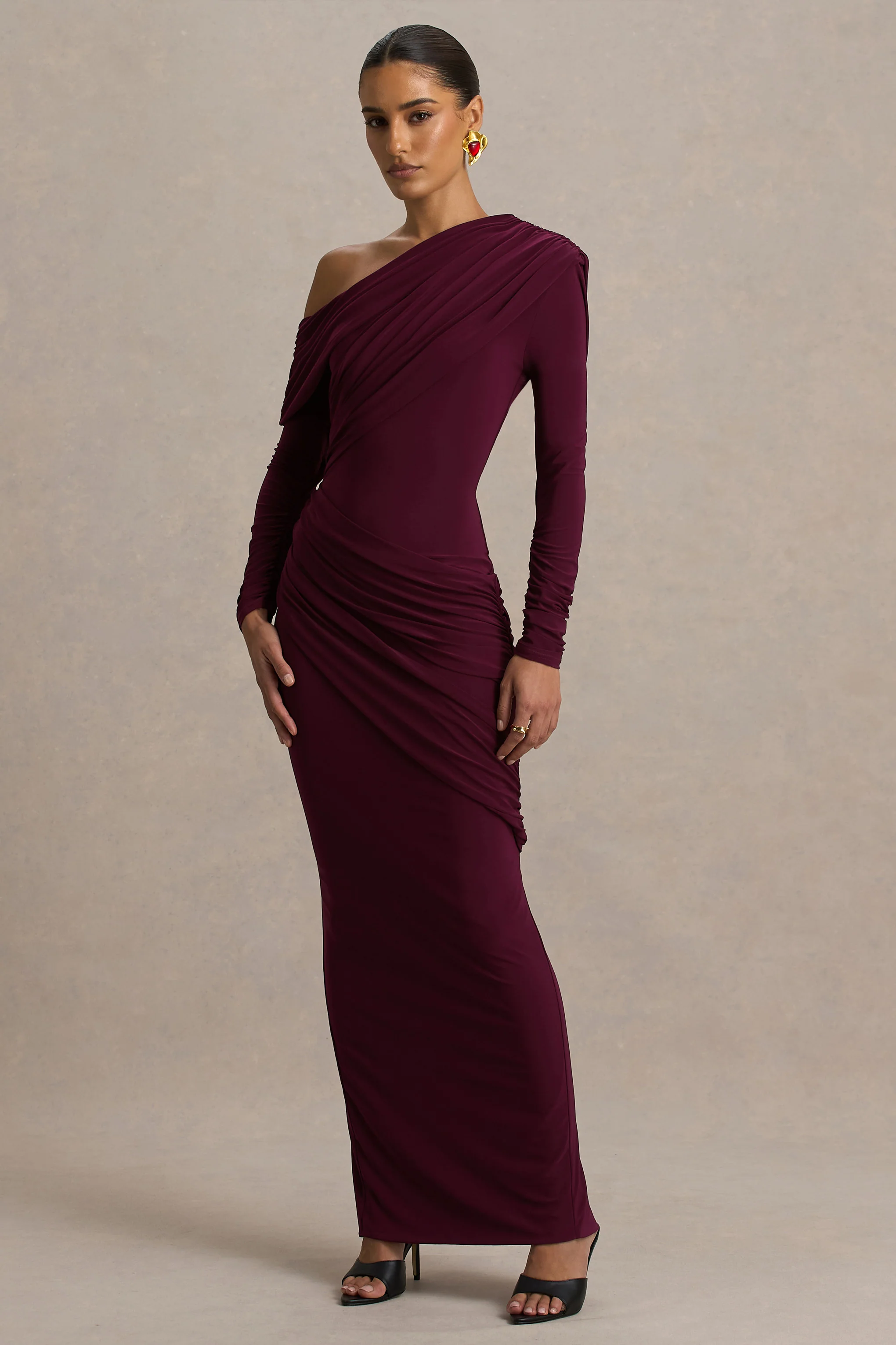 Perrie | Burgundy Asymmetric-Neck Maxi Dress With Ruched Detailing