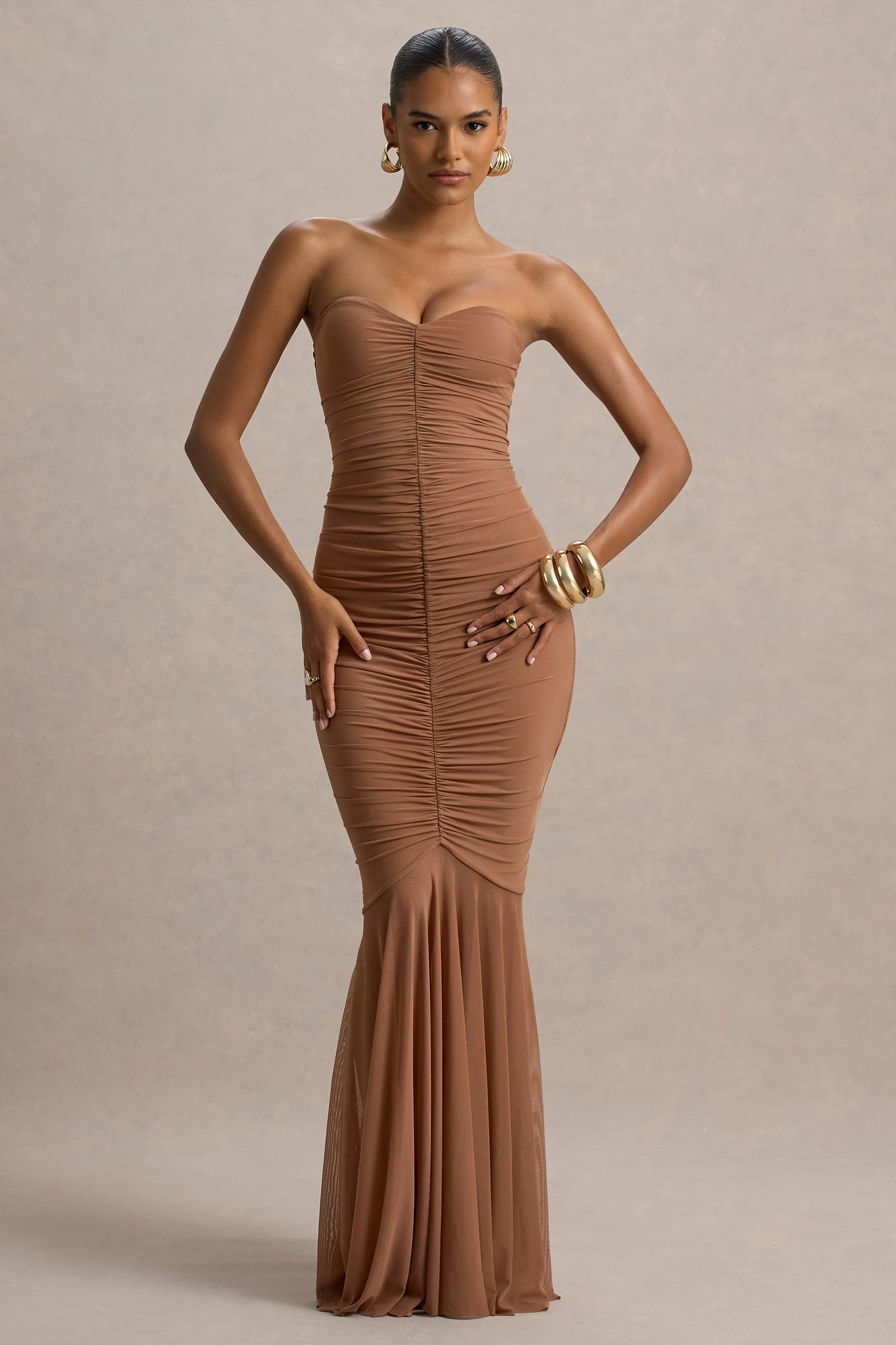 Talisa | Mocha Ruched Fishtail Maxi Dress With Mesh Hem
