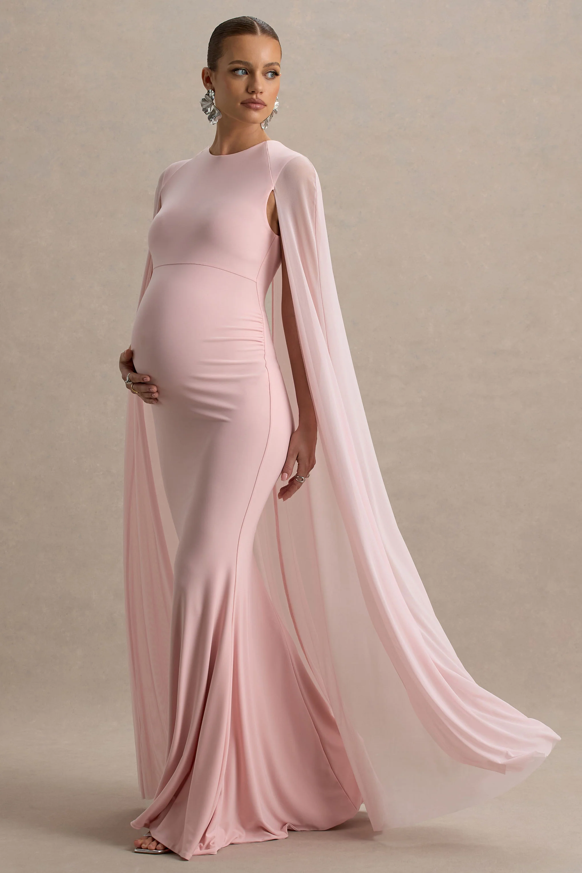 Currant | Pink High-Neck Maternity Maxi Dress With Cape