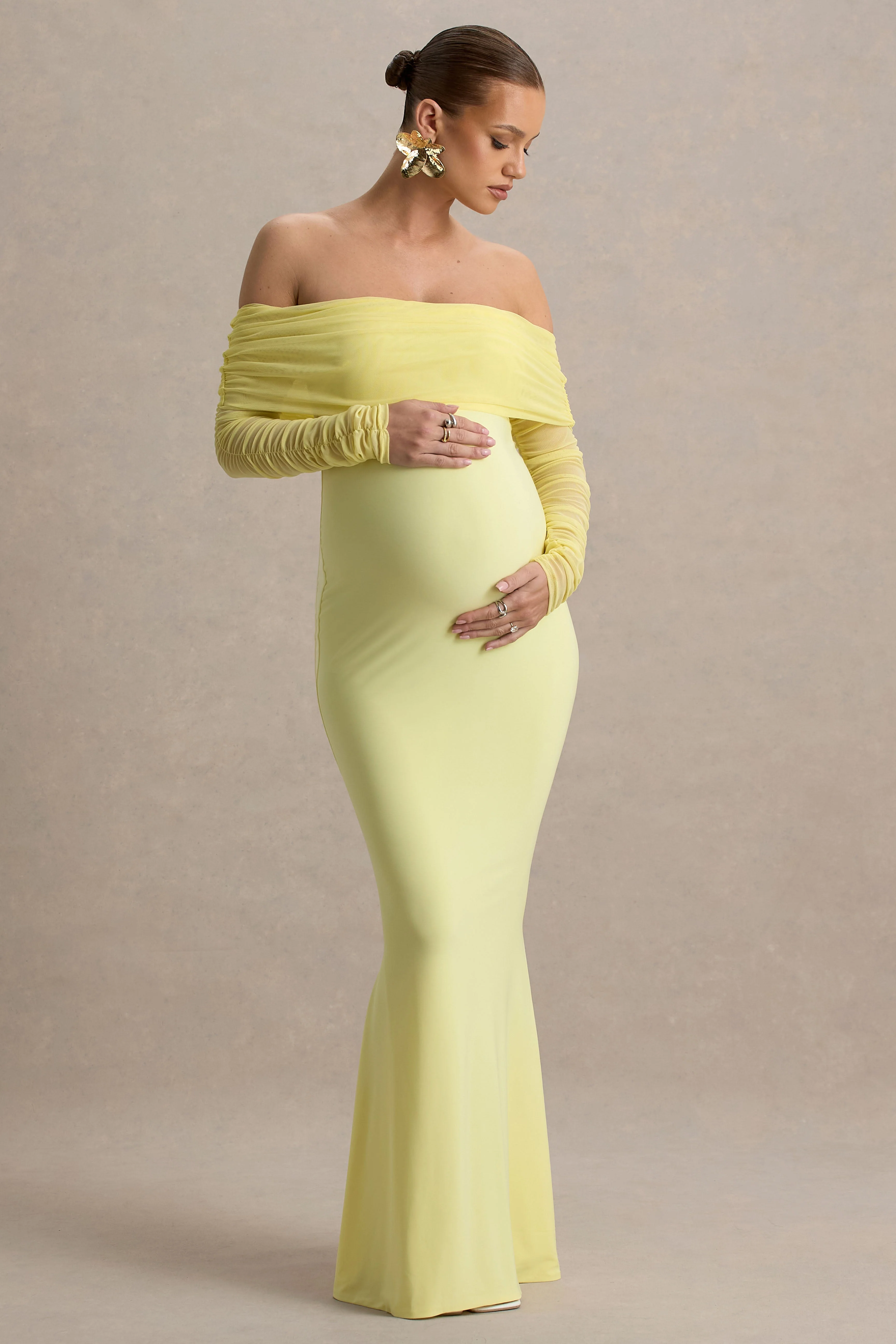 Pretty Perfect | Lemon Maternity Ruched Mesh Bardot Maxi Dres