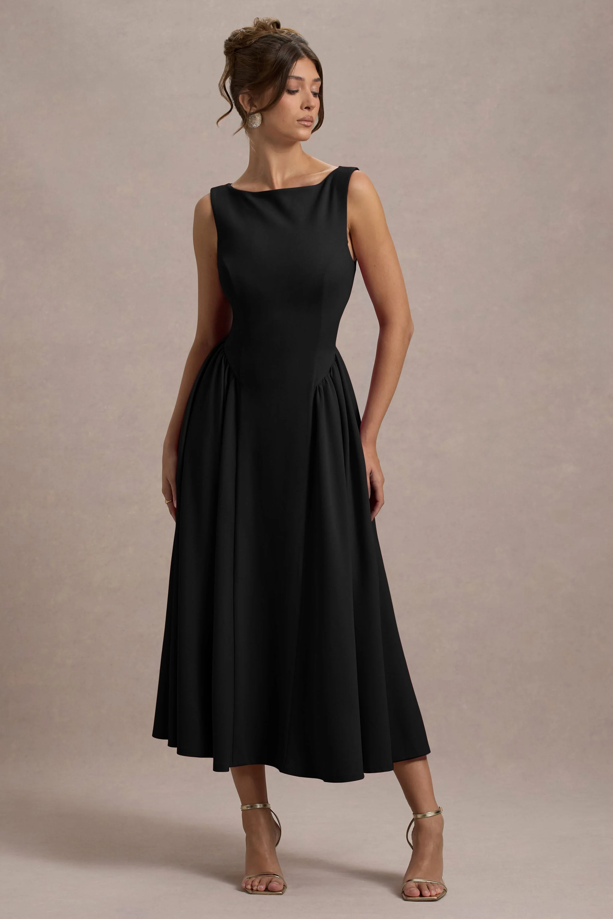 Muriel | Black Boat-Neck Volume-Hem Midi Dress
