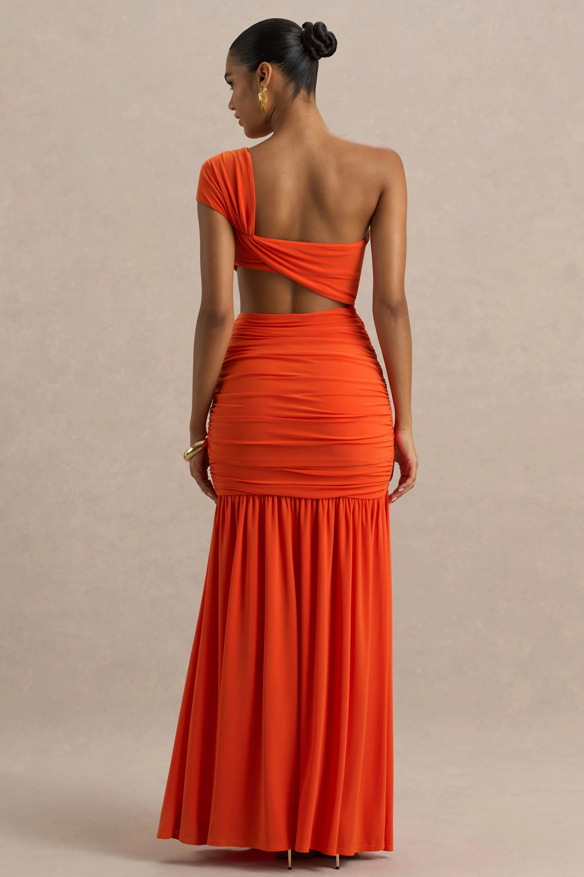 Cadiz | Orange Asymmetric Maxi Dress With Cut-Out Detail and Open-Back