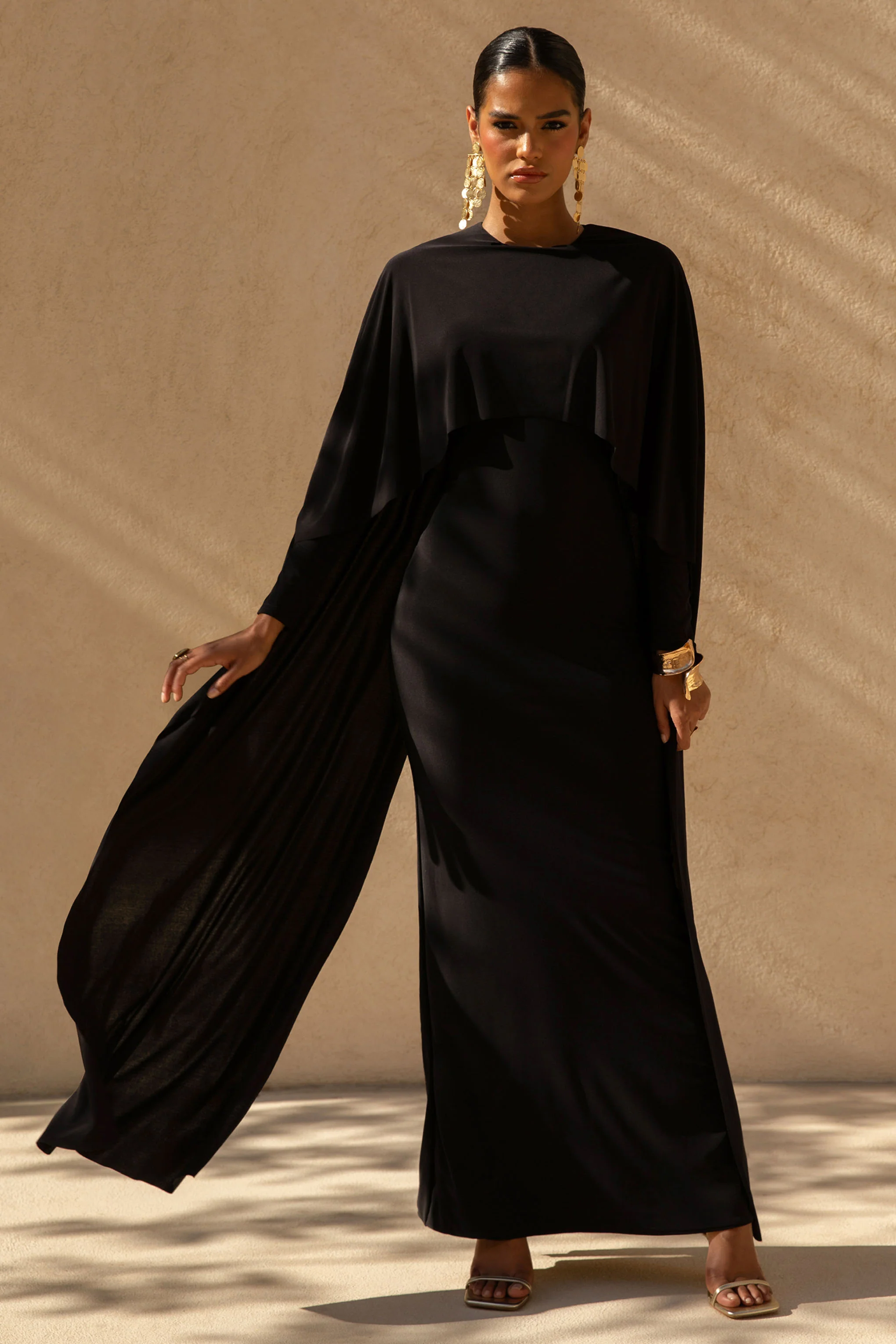 Belinda | Black Draped Maxi Dress With Cape Sleeves