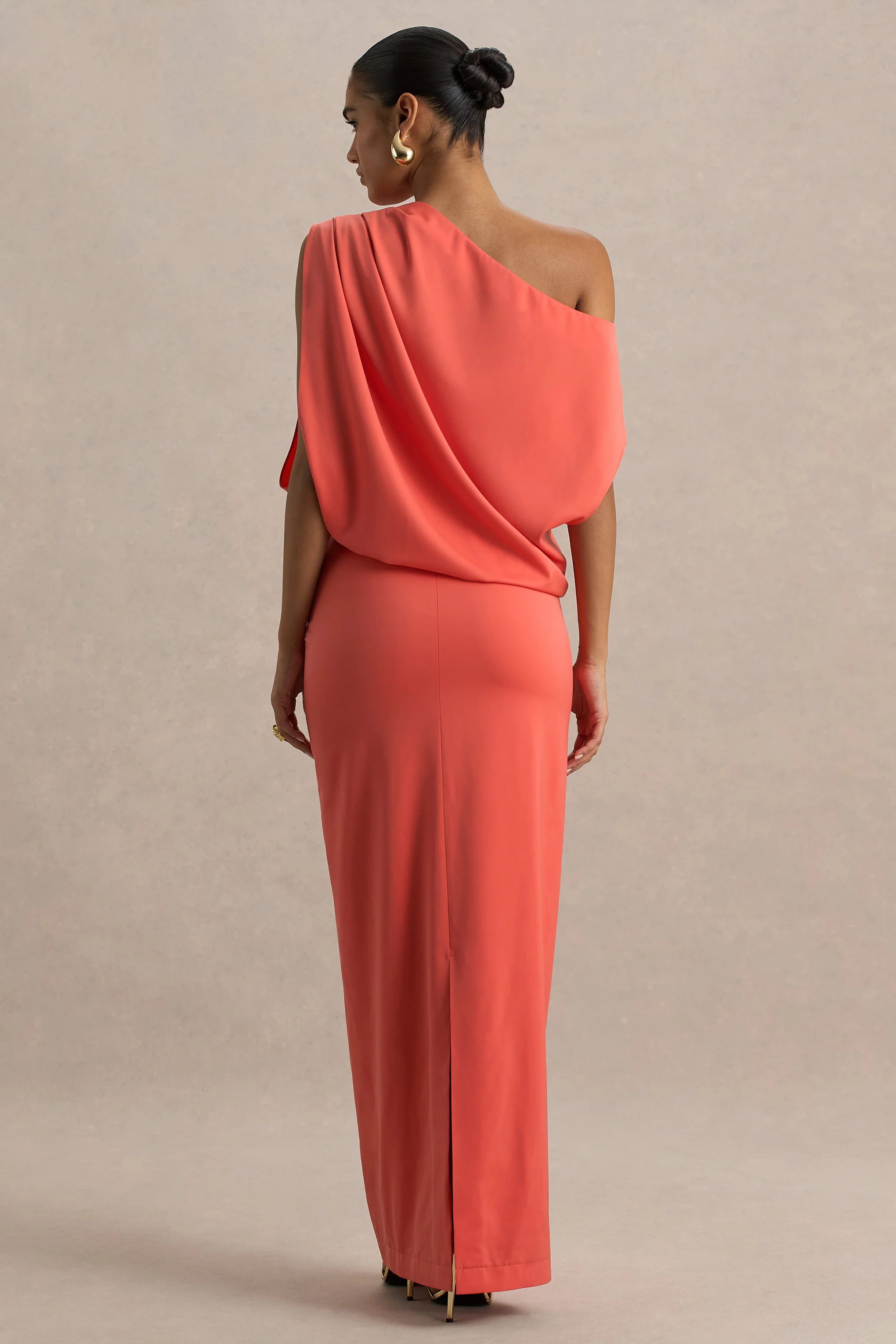 Ronnie | Coral Satin Asymmetric-Neck Maxi Dress With Draping Detail