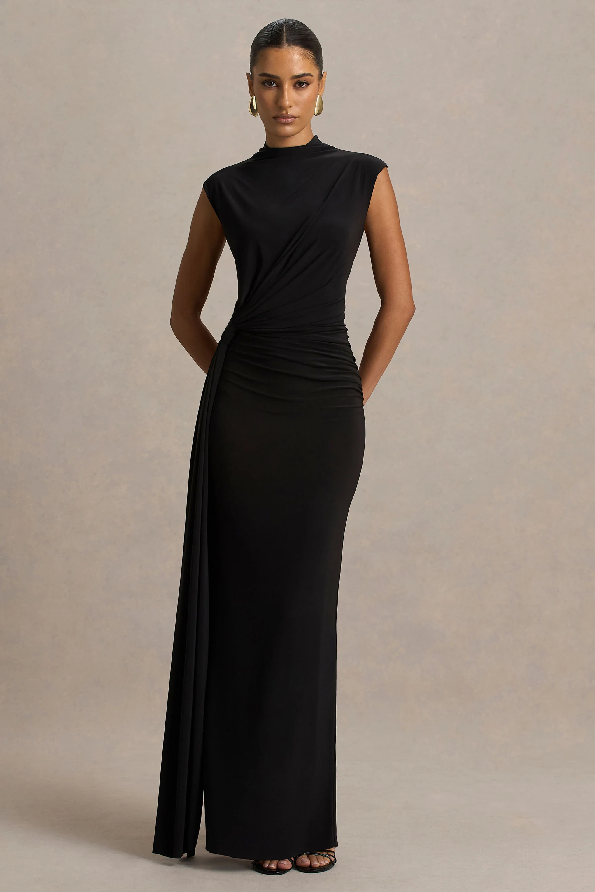 Solene | Black High-Neck Maxi Dress With Wrap And Drape Detail