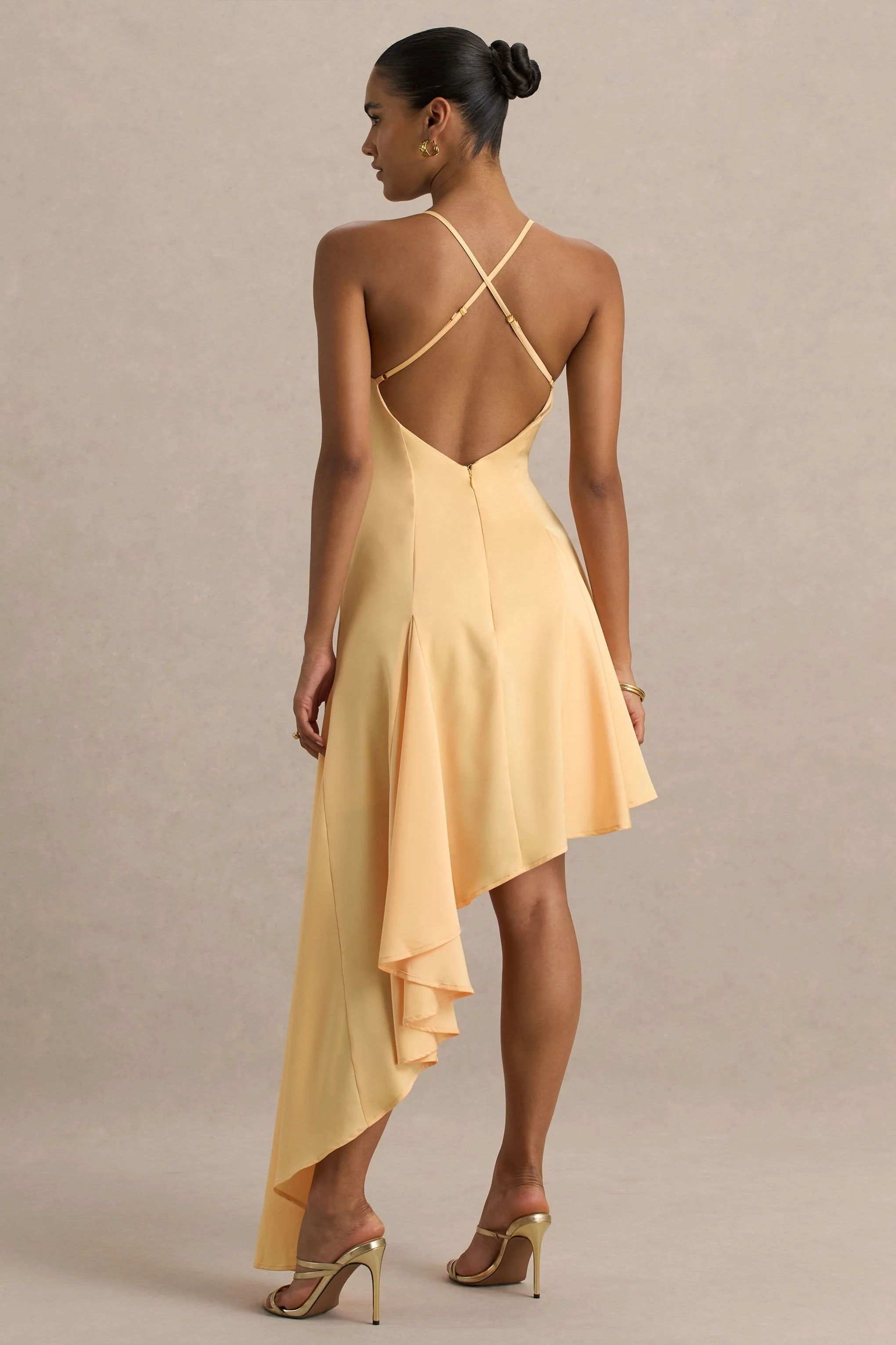 Glint | Peach Satin Plunge-Neck Maxi Dress With Asymmetric Hem