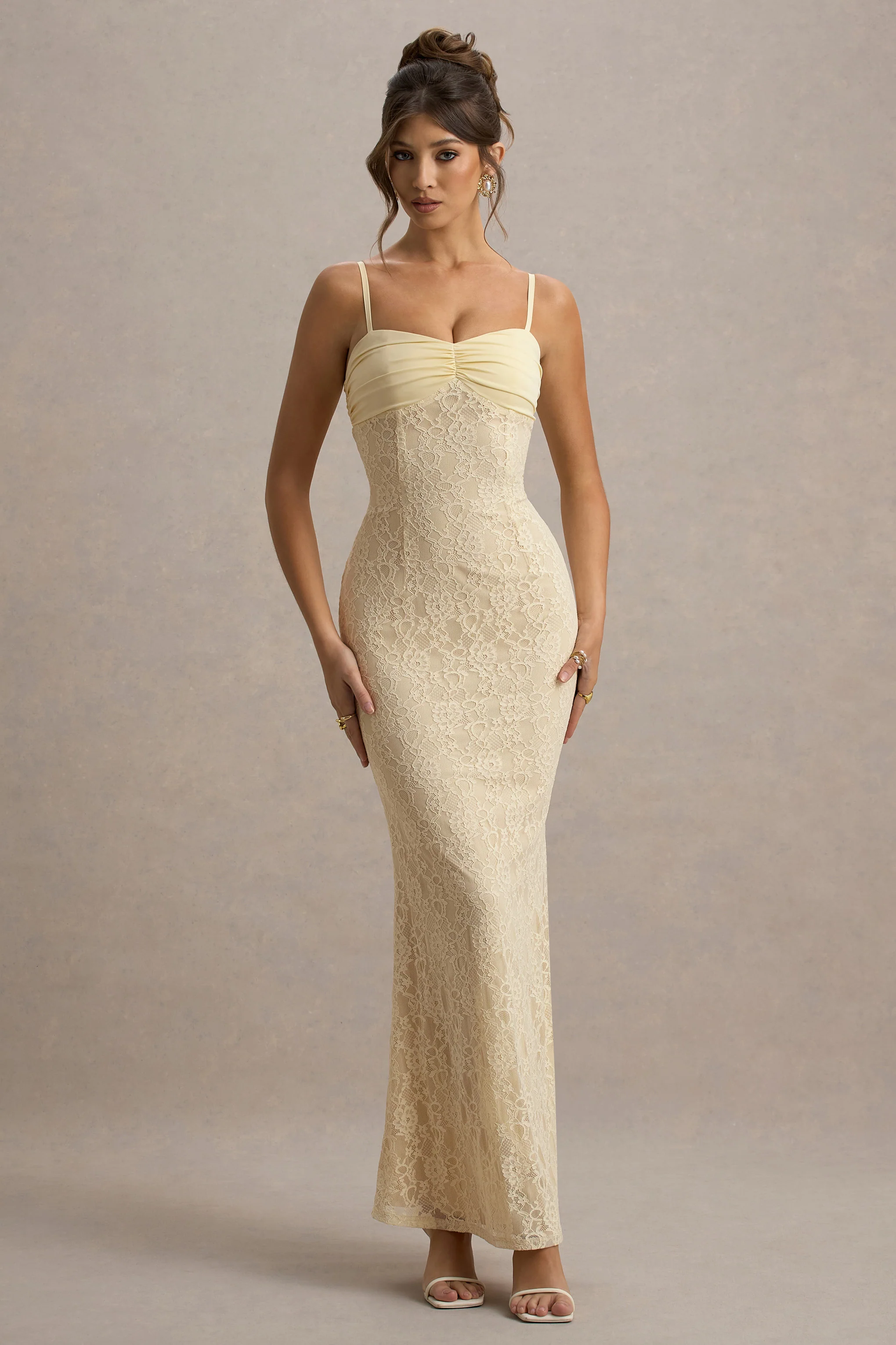 Felicia | Pale Lemon Satin Sweetheart Maxi Dress With Lace Details
