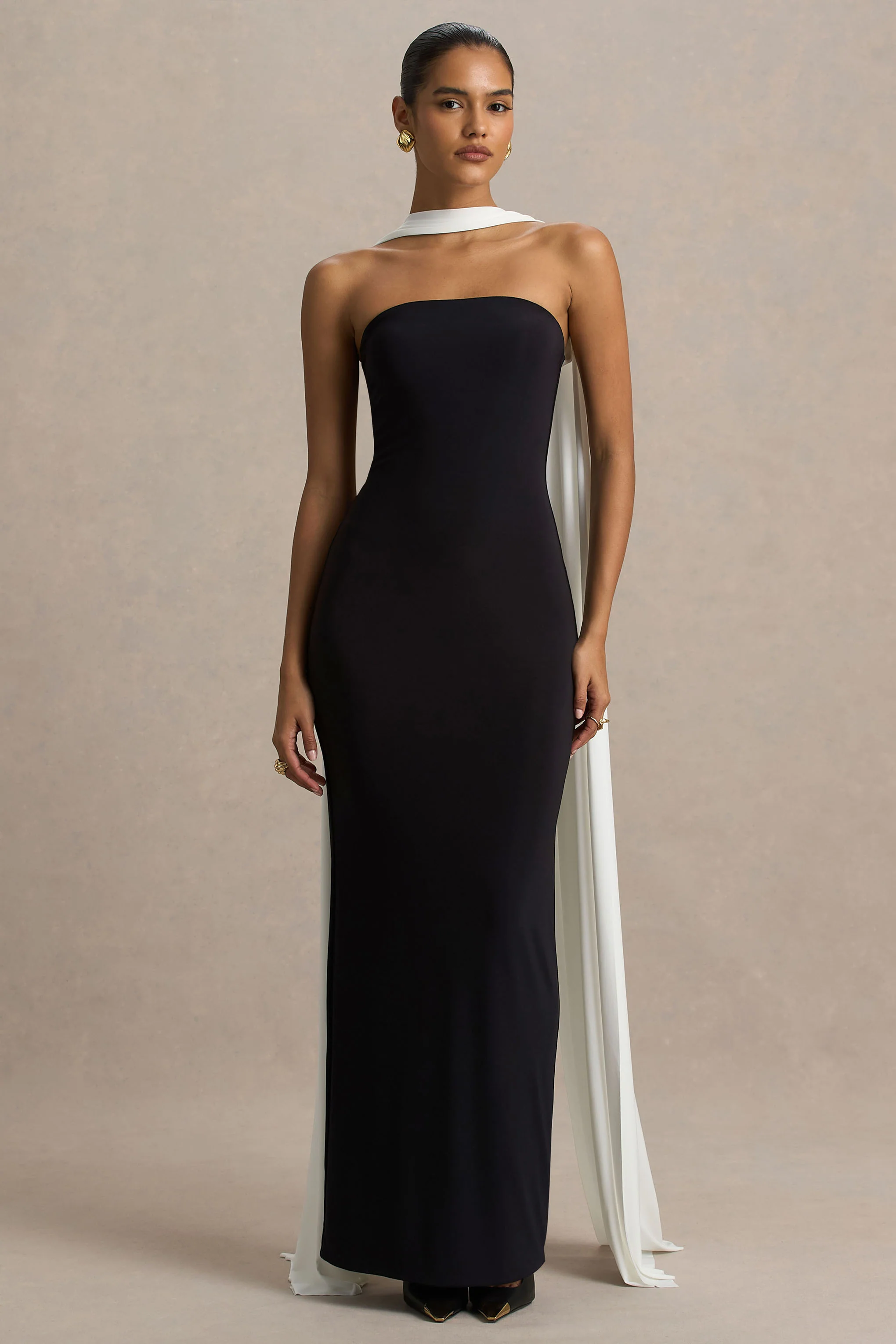 Kelilah | Black And White Bandeau Maxi Dress With Cape