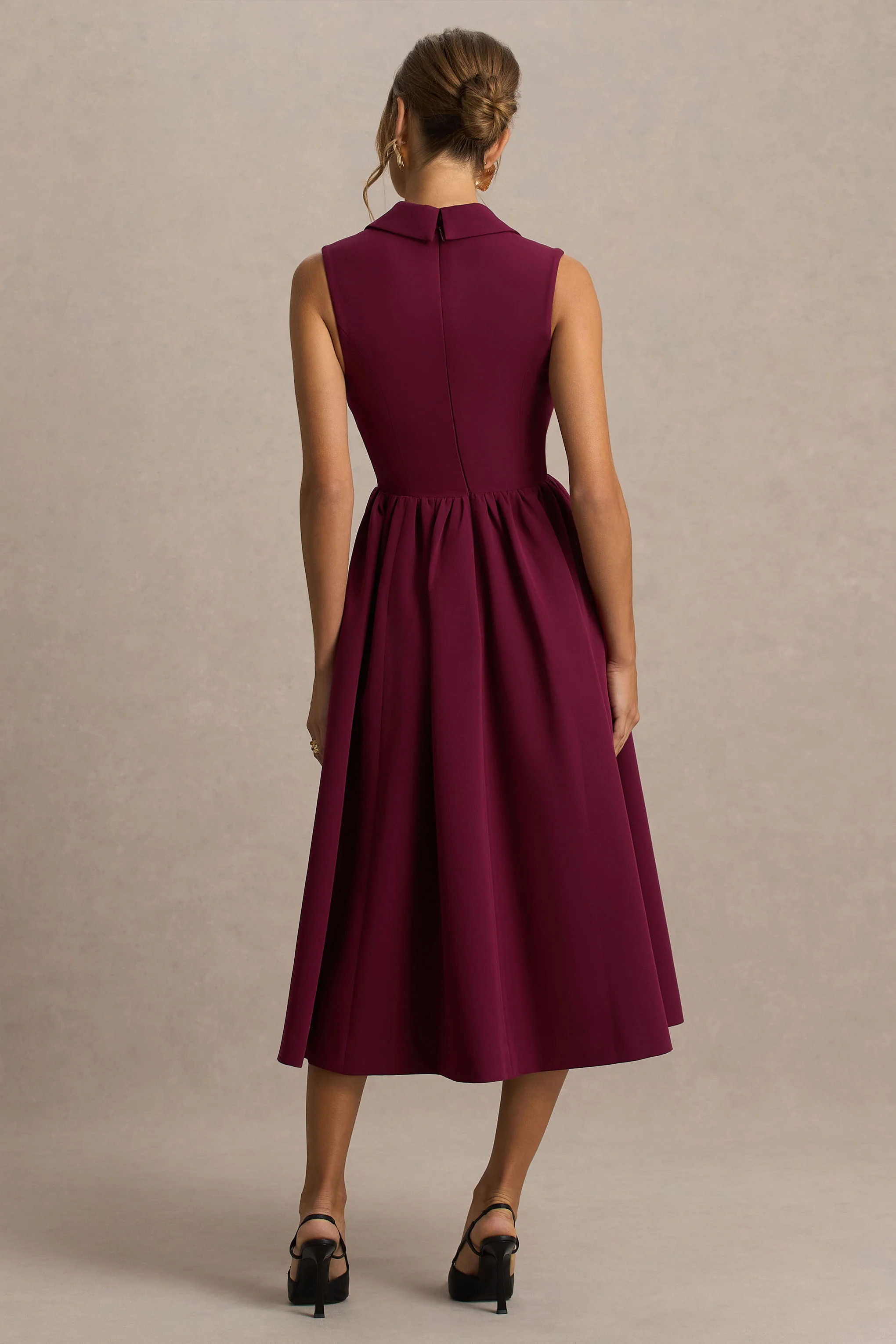 Lisa | Burgundy Plunge-Neck Tailored Midi Dress