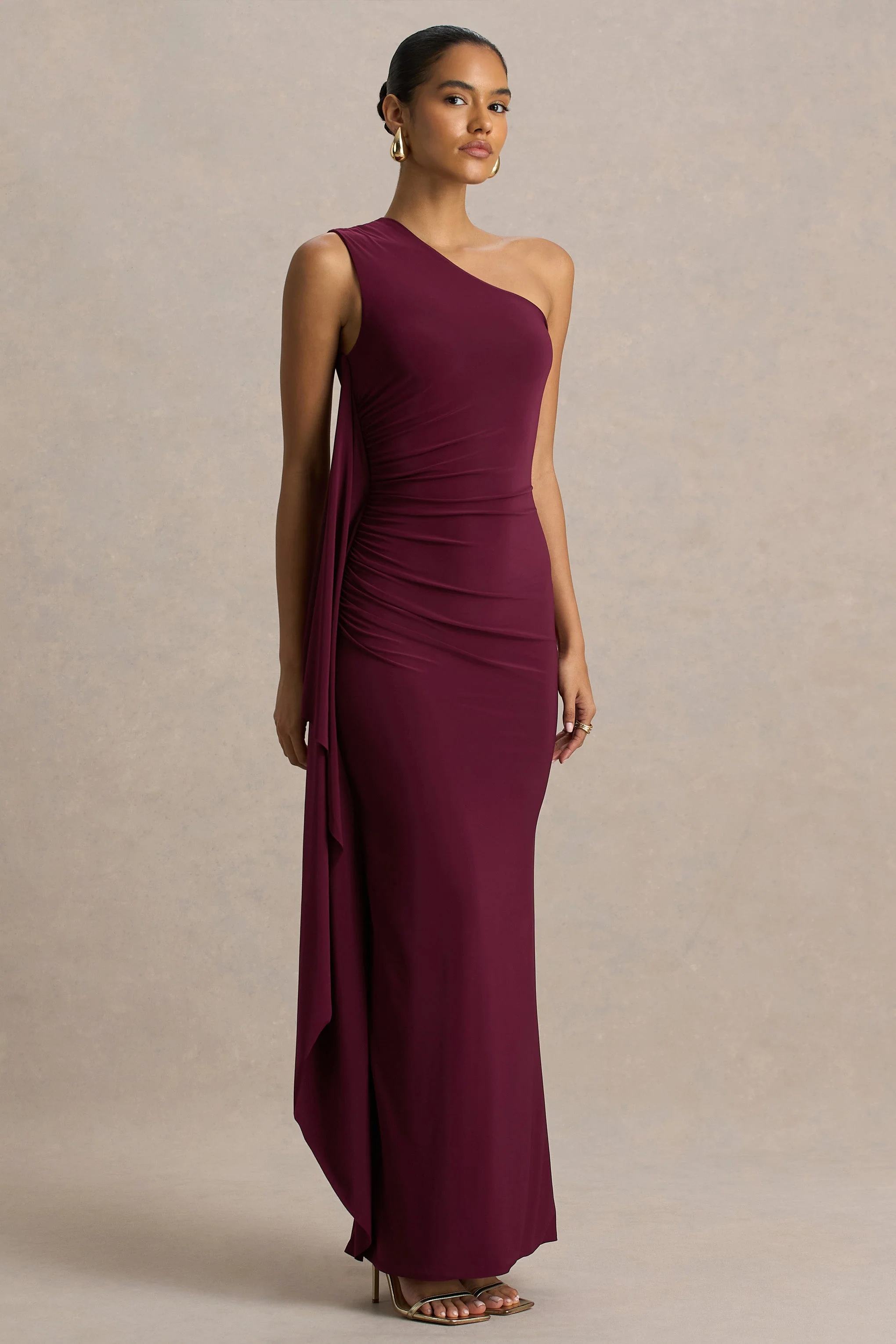 Adelina | Burgundy One-Shoulder Maxi Dress With Drape
