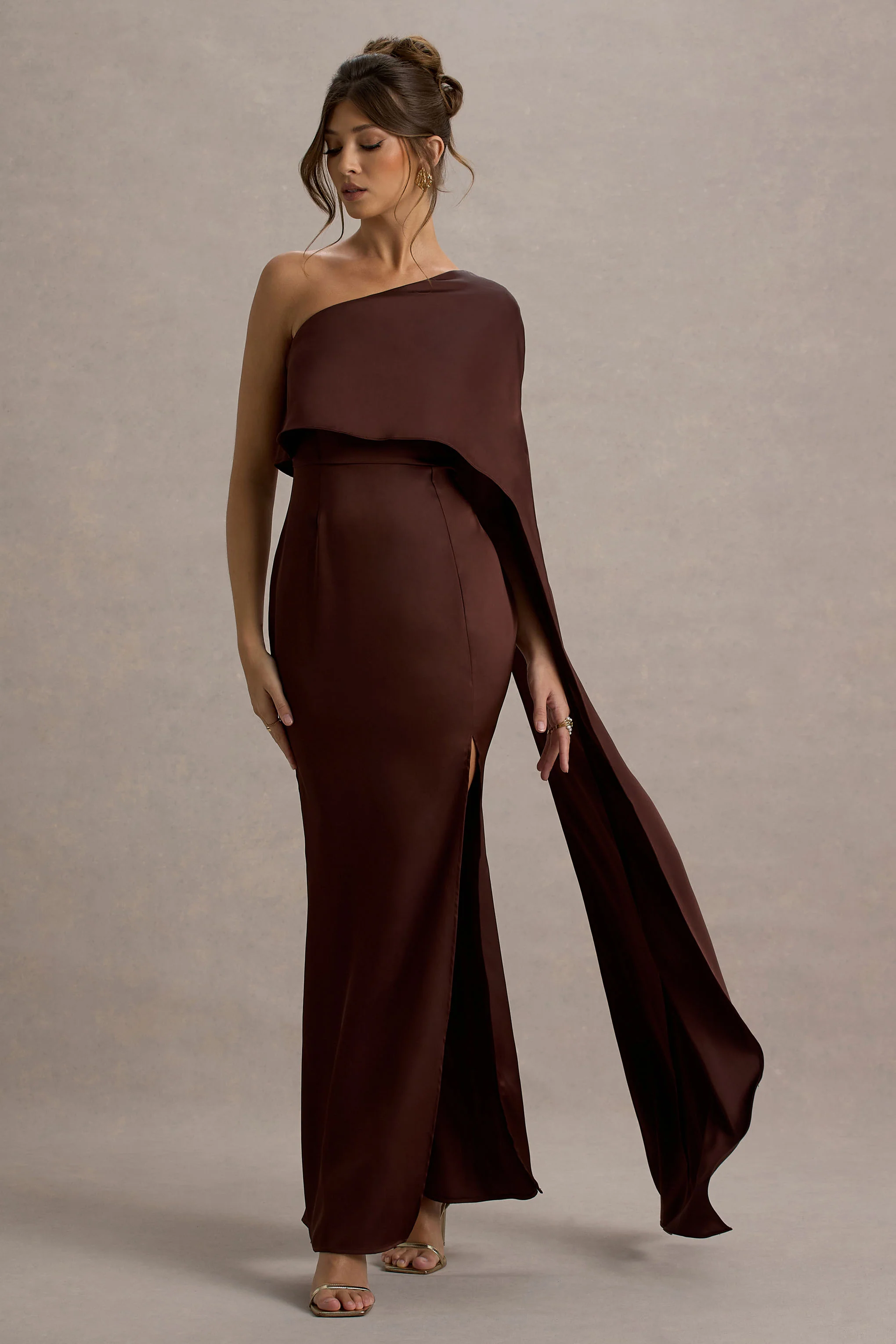 Amora | Brown Satin Asymmetric Cape-Sleeve Split Maxi Dress