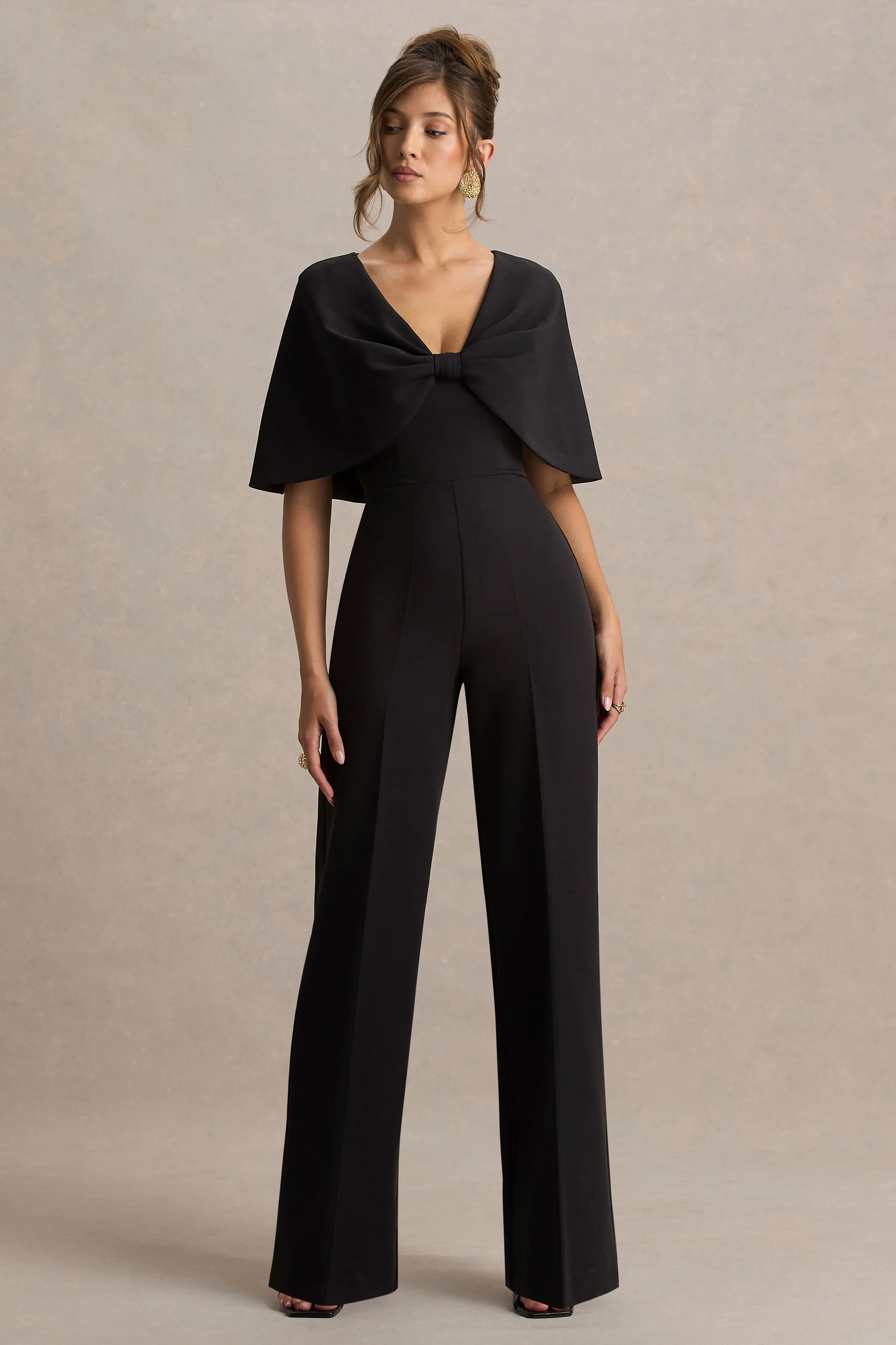 Vivid | Black Plunge-Neck Jumpsuit With Bow-Detail