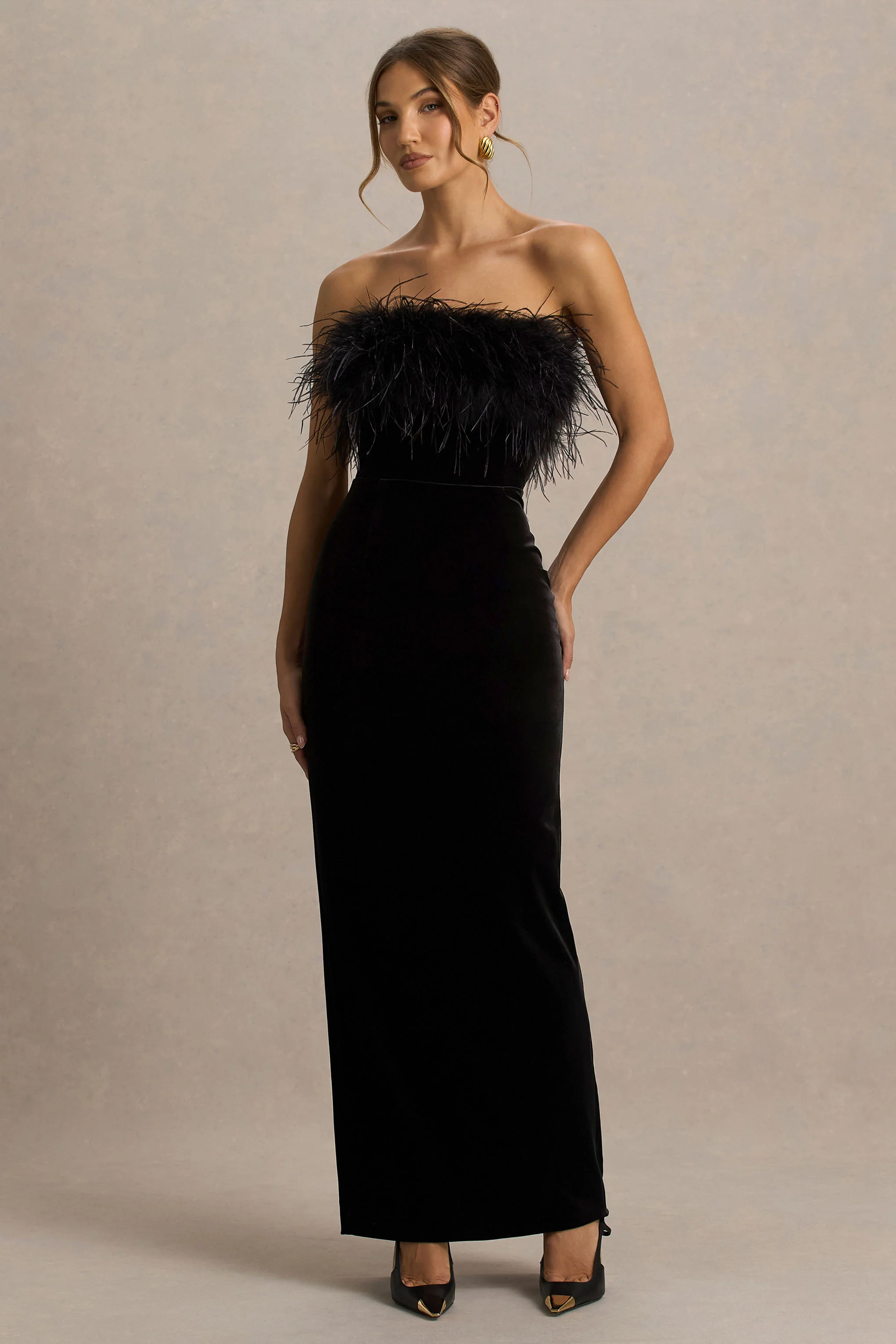 Arella | Black Velvet Bandeau Maxi Dress With Feather Trim